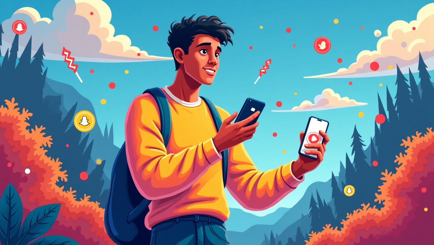 Illustration en style réaliste et moderne représentant un créateur de contenu jeune et dynamique utilisant un smartphone avec l'interface Snapchat visible, entouré d'éléments visuels de vidéos courtes et de séries originales flottant autour, dans un univers coloré et lumineux inspiré de la palette FeedMaker (#54387D, #3E408D, #3C579D, #47C0B4, #58A17B, #80D07E, #A5DA6F, #E1A65F, #EFCA5E, #EBE263), ambiance innovante et inspirante, format paysage pour évoquer l'impact et la portée globale de la plateforme et du fonds Creator Fund 2025.