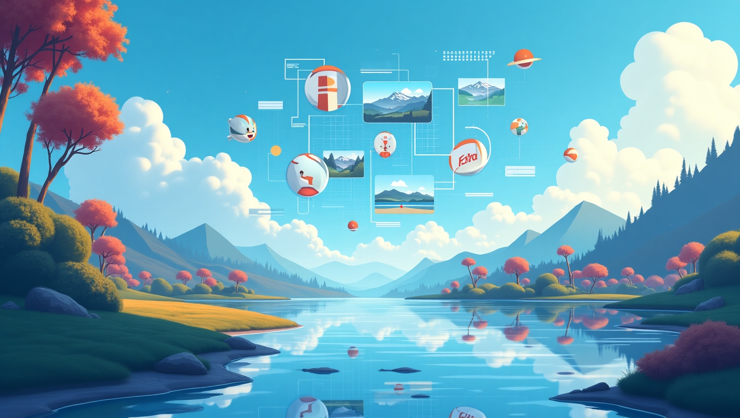 Illustration futuriste de paysage numérique avec des agents IA autonomes contrôlant des campagnes publicitaires interactives, intégrant des éléments visuels de textes, images, sons et vidéos flottant autour, ambiance professionnelle et optimiste, style digital moderne avec un rendu épuré et dynamique, couleurs inspirées de la palette FeedMaker (#54387D, #3E408D, #3C579D, #47C0B4, #58A17B, #80D07E, #A5DA6F, #E1A65F, #EFCA5E, #EBE263), format paysage.