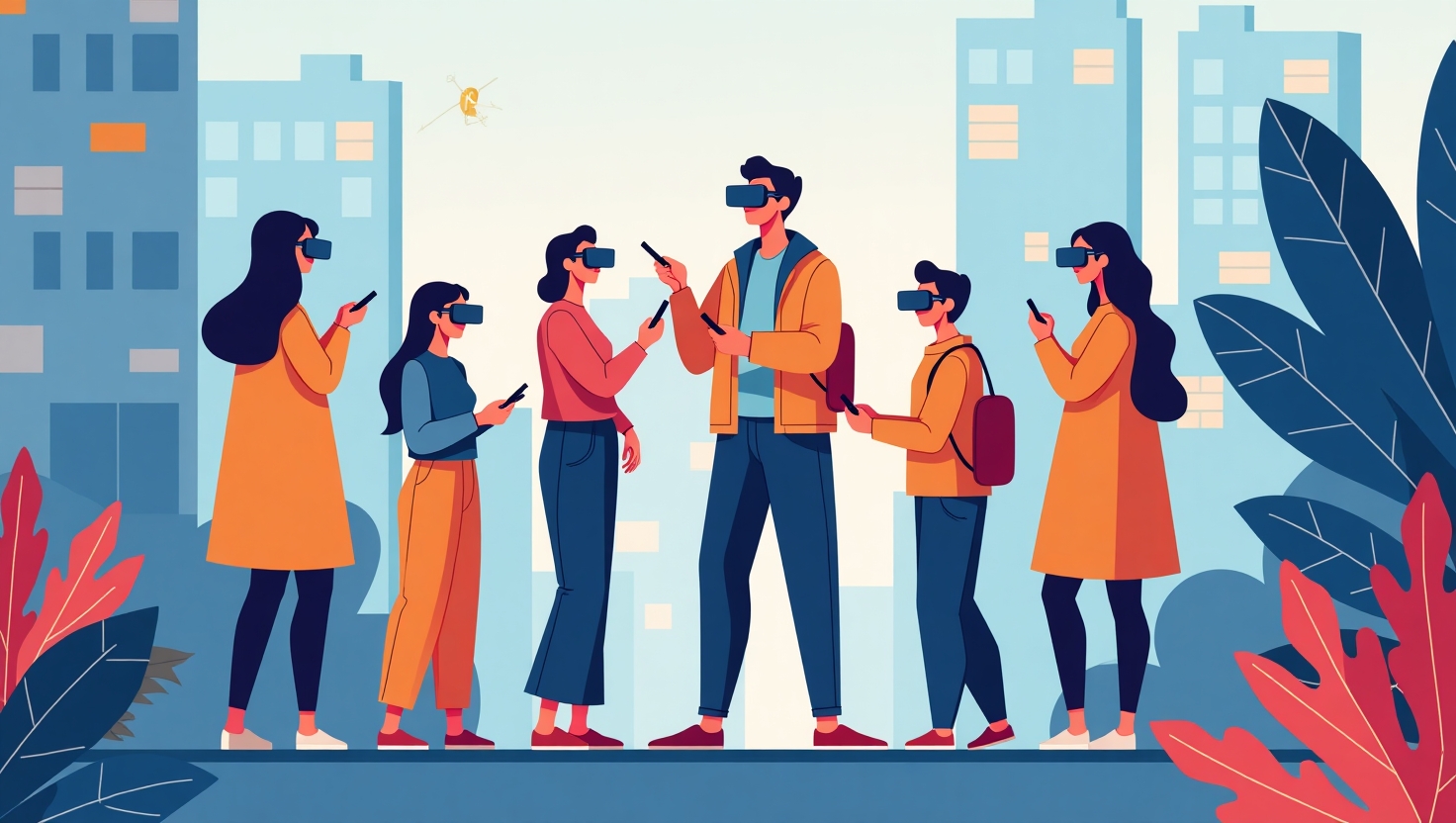 Illustration futuriste en flat design montrant un groupe de jeunes adultes utilisant des lunettes de réalité augmentée et des casques de réalité virtuelle pour interagir avec des contenus digitaux immersifs, dans un environnement urbain moderne et coloré, ambiances dynamiques et engageantes, mettant en scène des éléments de gameplay, de réseaux sociaux, et de storytelling interactif, avec une palette de couleurs inspirée des couleurs FeedMaker (#54387D, #3E408D, #3C579D, #47C0B4, #58A17B, #80D07E, #A5DA6F, #E1A65F, #EFCA5E, #EBE263), style clair et professionnel, format carré.