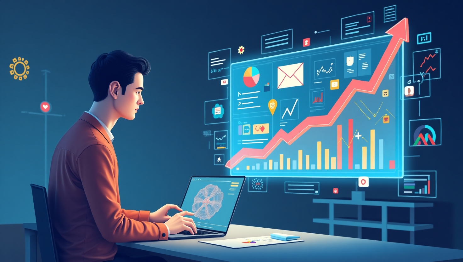 Illustration futuriste en flat design représentant un professionnel du marketing utilisant une interface holographique d'audit social alimentée par l'intelligence artificielle, avec des graphiques, des icônes de réseaux sociaux et des données numériques flottant autour, dans une ambiance dynamique et innovante. La scène intègre des éléments visuels évoquant la croissance et la transformation digitale, avec une palette de couleurs inspirée de FeedMaker (#54387D, #3E408D, #3C579D, #47C0B4, #58A17B, #80D07E, #A5DA6F, #E1A65F, #EFCA5E, #EBE263), pour refléter la révolution des audits sociaux grâce à l'IA en 2025.