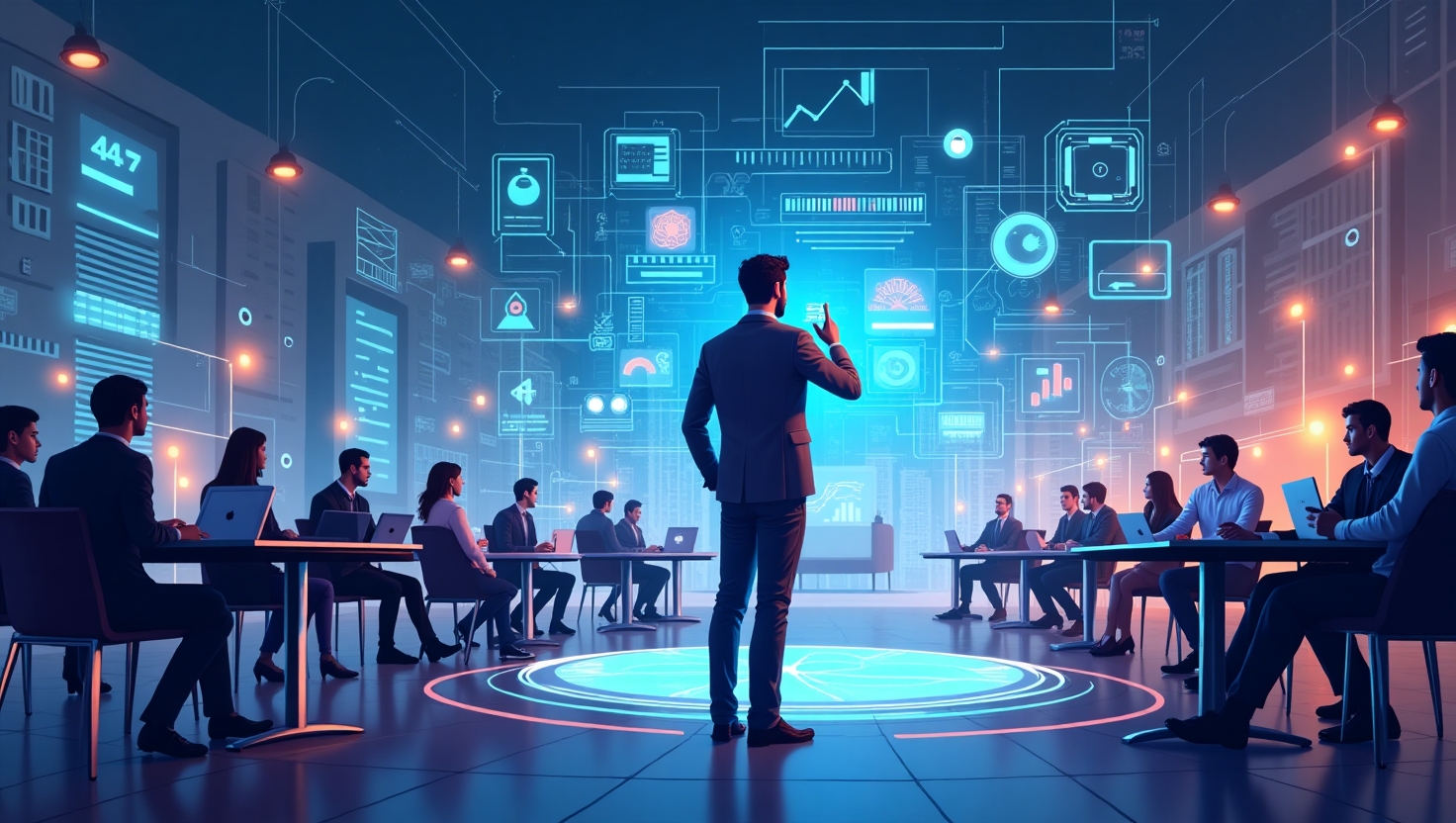 Illustration futuriste en style digital art montrant une scène de marketing en 2025 avec un professionnel utilisant des dispositifs de réalité augmentée et virtuelle pour interagir avec une audience virtuelle immersive. Incorporer des éléments symboliques d'IA, de hologrammes, d'interfaces numériques fluides, et d'ambiance technologique avancée avec un fond organisé et dynamique. Palette de couleurs inspirée de la palette FeedMaker (#54387D, #3E408D, #3C579D, #47C0B4, #58A17B, #80D07E, #A5DA6F, #E1A65F, #EFCA5E, #EBE263). Style moderne, rappel d'une illustration high-tech, ambiance innovante et engagée, format paysage.