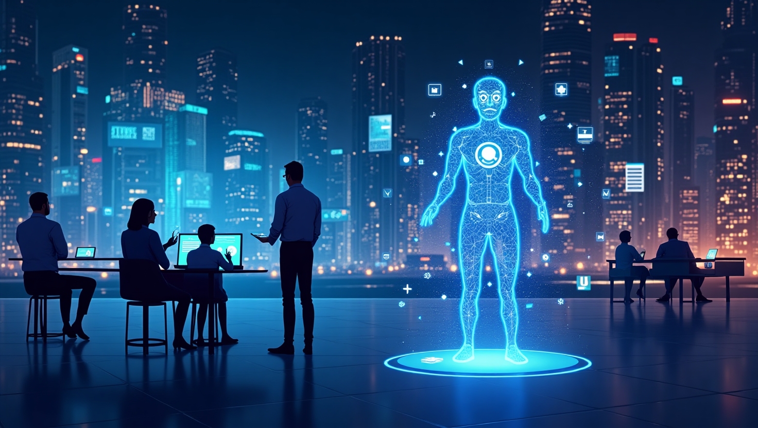 Illustration futuriste en style digital painting représentant une scène de gestion de réseaux sociaux en 2025, avec des AI agents sous forme de hologrammes interactifs et humanoïdes en harmonie avec des écrans, des appareils connectés, des éléments visuels de contenu multimodal (images, textes, sons stylisés), dans un environnement high-tech et innovant. L'ambiance doit refléter la transformation, la maîtrise technologique et la réflexion éthique, avec une palette de couleurs inspirée de FeedMaker (#54387D, #3E408D, #3C579D, #47C0B4, #58A17B, #80D07E, #A5DA6F, #E1A65F, #EFCA5E, #EBE263). Style digital futuriste avec un rendu à la fois professionnel et accessible, format paysage.