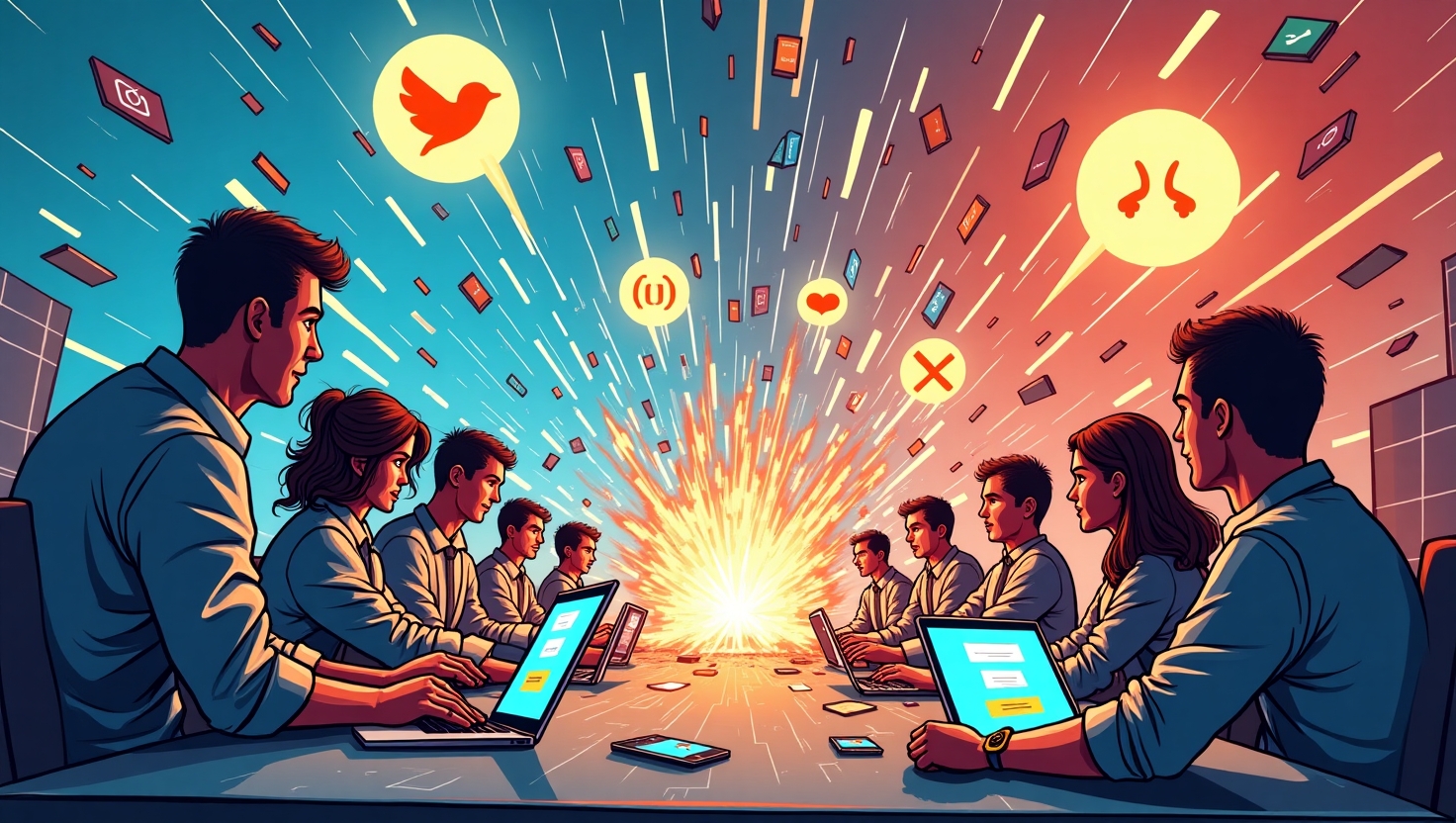 Illustration humoristique en style caricature d'une scène de chaos numérique sur les réseaux sociaux en 2025, montrant des créateurs de contenu, des marques et des internautes surpris ou paniqués face à des erreurs visibles comme des messages mal configurés, des vidéos glitchées ou des commentaires mal interprétés, avec des effets de turbulence et d'effervescence numérique, couleurs vibrantes inspirées de la palette FeedMaker (#54387D, #3E408D, #3C579D, #47C0B4, #58A17B, #80D07E, #A5DA6F, #E1A65F, #EFCA5E, #EBE263), dans un style humoristique et décalé, format carré