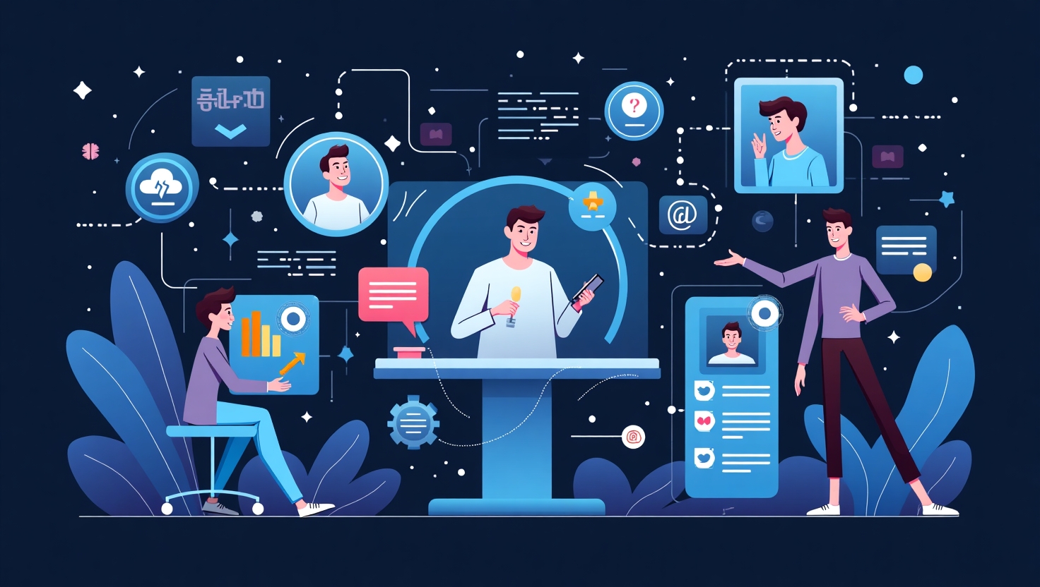 Illustration moderne en style infographie montrant une interface futuriste d'analyse comportementale et prédictive, avec des profils d'utilisateurs, des flux de données, et des contenus personnalisés qui se créent en temps réel, dans un univers digital épuré et professionnel, ambiance pédagogique et innovante. Utiliser une palette de couleurs inspirée de FeedMaker : #54387D, #3E408D, #3C579D, #47C0B4, #58A17B, #80D07E, #A5DA6F, #E1A65F, #EFCA5E, #EBE263, avec une touche futuriste et dynamique, pour illustrer la maîtrise de l'hyper-personnalisation IA sur les réseaux sociaux en 2025.