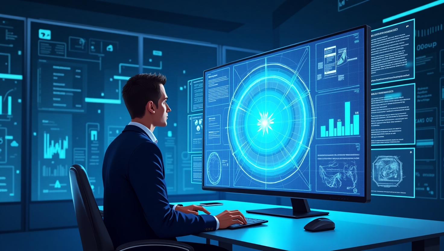 Illustration moderne en style réaliste ou semi-réaliste représentant un professionnel du marketing devant un grand écran holographique affichant des graphiques, des flux de données et des profils clients personnalisés, avec un arrière-plan futuriste évoquant la digitalisation avancée, des éléments visuels illustrant l'IA, tels que des circuits ou des neurones artificiels, dans une ambiance analytique et innovante, palette de couleurs inspirée de FeedMaker (#54387D, #3E408D, #3C579D, #47C0B4, #58A17B, #80D07E, #A5DA6F, #E1A65F, #EFCA5E, #EBE263), format paysage.