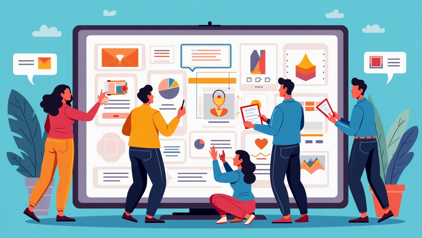 Illustration moderne et dynamique d'une équipe de community managers créant une bande dessinée numérique sur une grande tablette ou écran, avec des bulles de dialogue, des personnages stylisés et des éléments graphiques colorés. L’ambiance est innovante et vibrante, mettant en avant la rapidité et la personnalisation, avec une palette de couleurs inspirée de FeedMaker (#54387D, #3E408D, #3C579D, #47C0B4, #58A17B, #80D07E, #A5DA6F, #E1A65F, #EFCA5E, #EBE263). Style illustratif contemporain, vibrant, avec un rendu numérique pour évoquer la création facile, rapide et engageante de bandes dessinées virales, dans un format carré.