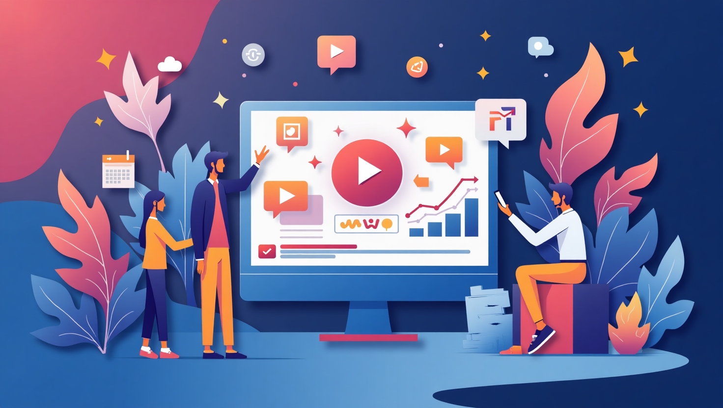 Illustration moderne et dynamique d'une scène représentant une campagne publicitaire vidéo sur une plateforme numérique, avec un grand écran affichant à la fois des vidéos longues et un flux de Shorts intégrés, entourée de symboles de marketing digital et de statistiques en mouvement, dans un style illustration flat design avec une ambiance innovante et technologique, couleurs vives inspirées de la palette FeedMaker (#54387D, #3E408D, #3C579D, #47C0B4, #58A17B, #80D07E, #A5DA6F, #E1A65F, #EFCA5E, #EBE263).
