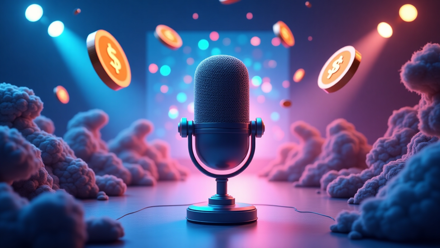 Illustration moderne et dynamique d'une scène sonore immersive représentant une conversation audio en direct sur un fond de scène numérique abstraite, intégrant des éléments symbolisant la monétisation comme des icônes de pièces ou de billets flottant autour d'un microphone stylisé. L'ambiance doit évoquer l'innovation et l'exclusivité, avec une esthétique numérique futuriste, en utilisant une palette de couleurs inspirée de FeedMaker (#54387D, #3E408D, #3C579D, #47C0B4, #58A17B, #80D07E, #A5DA6F, #E1A65F, #EFCA5E, #EBE263). Style graphique : illustration vectorielle sophistiquée, permettant de transmettre une impression de modernité et de professionnalisme, adaptée à un public de marketeurs, créateurs et utilisateurs avides d'innovations technologiques.