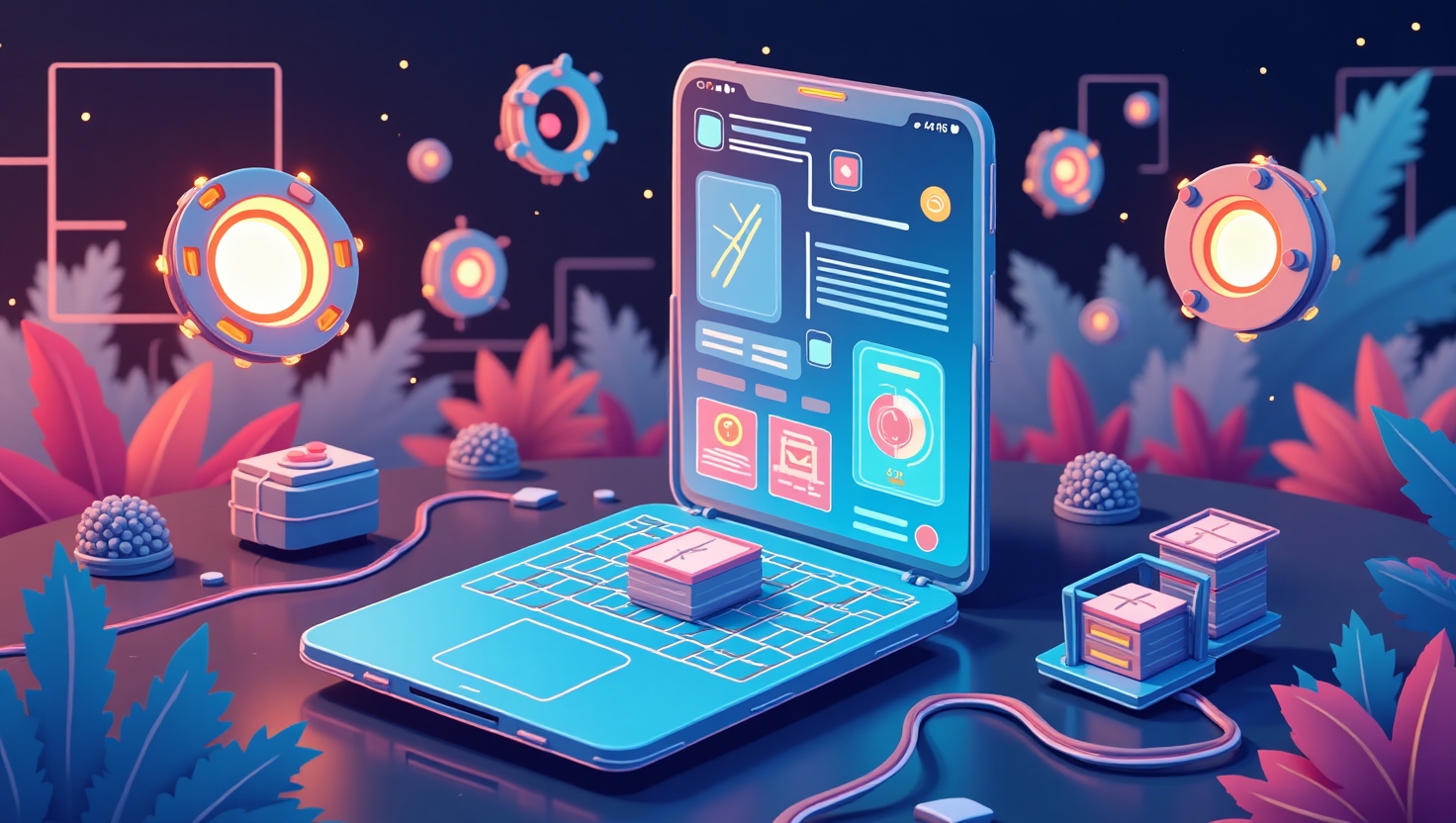 Illustration moderne et dynamique représentant une interface futuriste d'Instagram avec des éléments de reels, d'outils IA, et de statistiques en overlay, mettant en avant des créateurs et des campagnes publicitaires innovantes, style digital abstrait en flat design avec une ambiance technologique et innovante, couleurs vives inspirées de la palette FeedMaker (#54387D, #3E408D, #3C579D, #47C0B4, #58A17B, #80D07E, #A5DA6F, #E1A65F, #EFCA5E, #EBE263), format paysage.