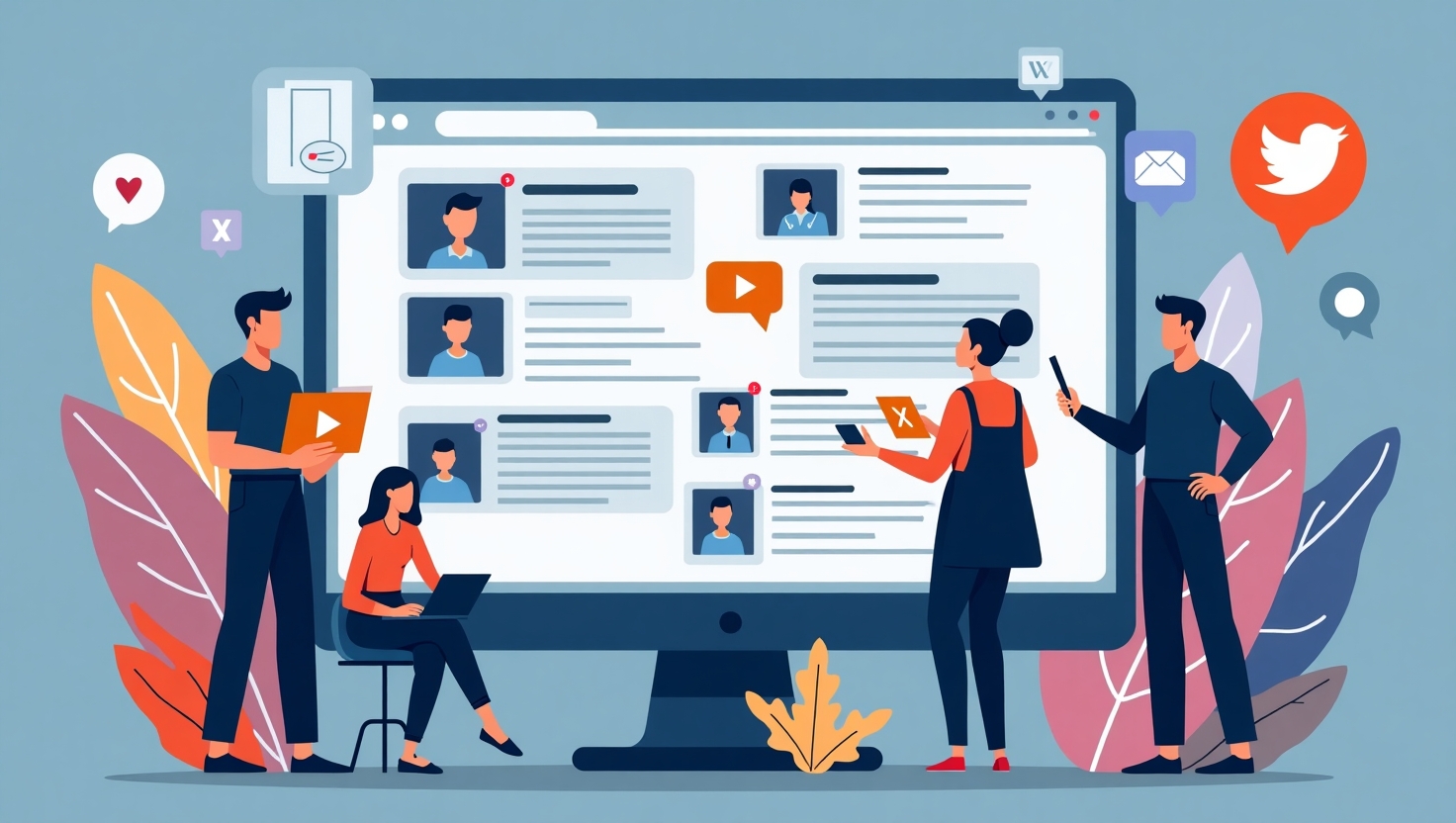 Illustration moderne et dynamique représentant une équipe de créateurs de contenu collaborant simultanément sur un grand écran numérique, avec des éléments d'articles écrits, des icônes de médias, et des interactions en temps réel, dans un style numérique épuré et professionnel. L'ambiance doit refléter l’innovation, la collaboration et la stratégie digitale, avec une palette de couleurs inspirée de FeedMaker (#54387D, #3E408D, #3C579D, #47C0B4, #58A17B, #80D07E, #A5DA6F, #E1A65F, #EFCA5E, #EBE263). L’image doit évoquer la révolution des formats et l’impact sur la visibilité et la viralité, en format carré, avec un style illustratif moderne et engagé.