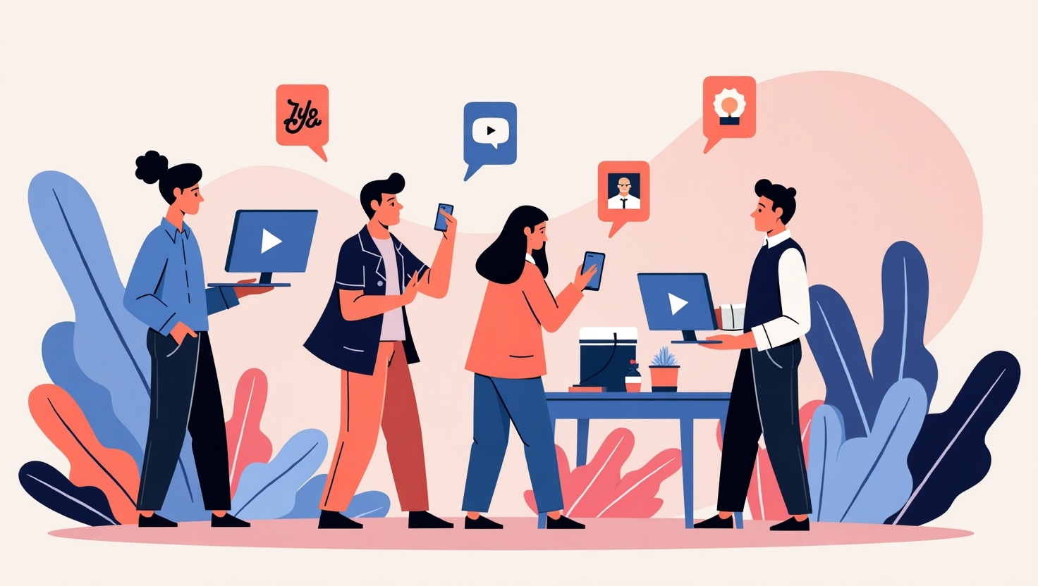 Illustration moderne et dynamique représentant une scène vibrante avec plusieurs créateurs de contenu utilisant des smartphones et des ordinateurs pour créer des Shorts YouTube. Inclure des éléments visuels de vidéos courtes avec des tags produits apparaissant en surimpression, symbolisant l'intégration de shopping. Utiliser un fond coloré inspiré de la palette FeedMaker (#54387D, #3E408D, #3C579D, #47C0B4, #58A17B, #80D07E, #A5DA6F, #E1A65F, #EFCA5E, #EBE263), avec un style illustration numérique moderne, professionnel et dynamique, évoquant l'innovation en e-commerce et social selling, en format paysage, avec une ambiance stimulant la viralité et la simplicité d'achat instantané.