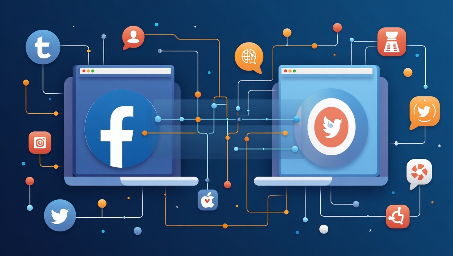 Illustration moderne et professionnelle représentant une interface numérique mêlant Facebook et Threads, avec des icônes de profil, flux de données et lignes connectant les deux plateformes, symbolisant l'intégration et le croisement d'informations. Style épuré, graphique, en flat design ou semi-réaliste, utilisant une palette de couleurs inspirée de FeedMaker (#54387D, #3E408D, #3C579D, #47C0B4, #58A17B, #80D07E, #A5DA6F, #E1A65F, #EFCA5E, #EBE263), pour évoquer la stratégie marketing, la transformation numérique et l'évolution des réseaux sociaux. L’image doit évoquer la connectivité, l'innovation et la transition entre plateformes sociales, en format carré, captivant pour un public intéressé par le marketing digital et les tendances sociales.