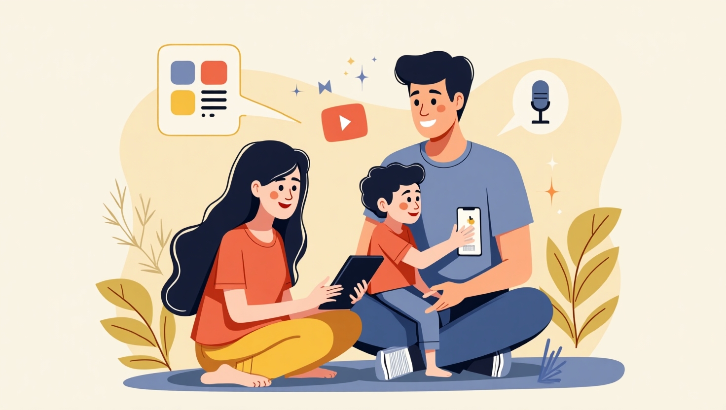 Illustration moderne et épurée en style flat design montrant une famille (un parent et deux enfants) utilisant une tablette ou un smartphone avec l'interface de contrôle parental avancé visible à l'écran, mettant en avant des filtres, des icônes de restrictions et des alertes. En arrière-plan, des éléments évoquant YouTube Shorts et Live, comme une icône de vidéo courte et un microphone, intégrés dans un fond coloré avec des lignes et des formes dynamiques. Utilisez une palette de couleurs inspirée de FeedMaker (#54387D, #3E408D, #3C579D, #47C0B4, #58A17B, #80D07E, #A5DA6F, #E1A65F, #EFCA5E, #EBE263) pour une ambiance professionnelle, moderne et rassurante, illustrant un environnement familial numérique sécuritaire.