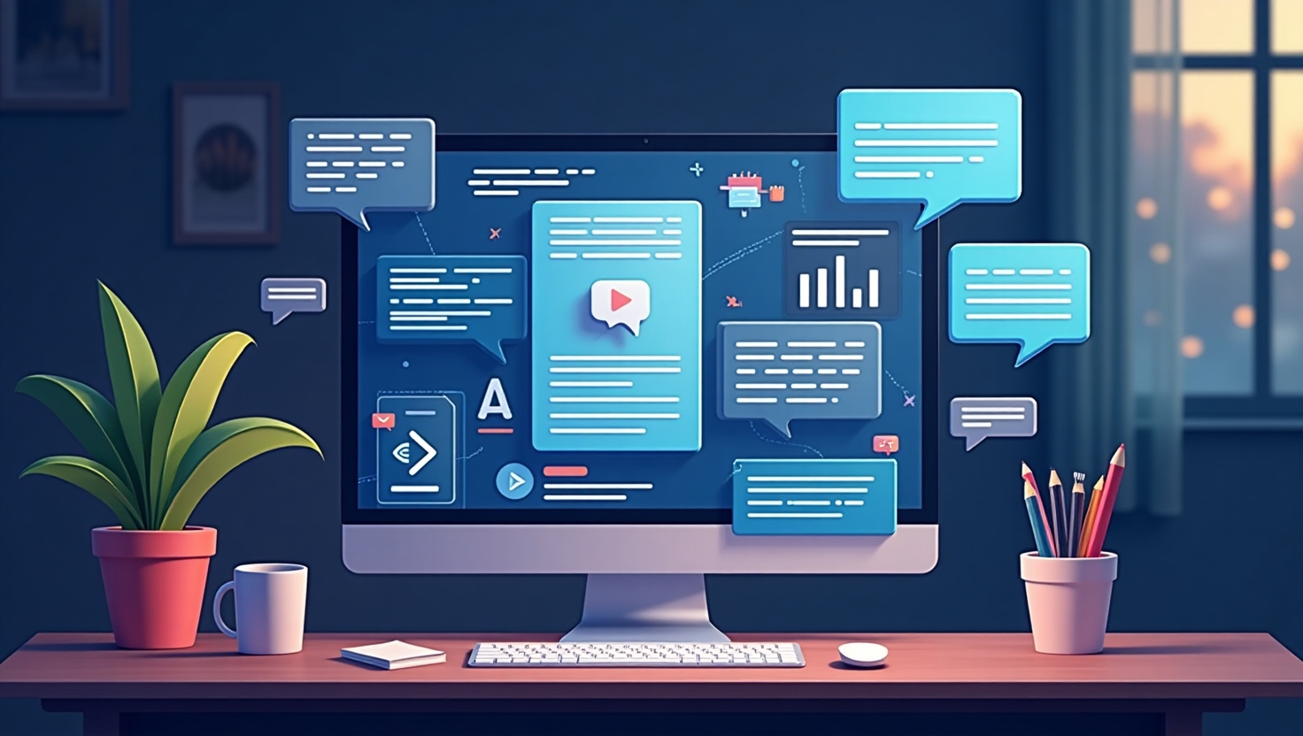 Illustration numérique moderne en style réaliste avec un focus sur un écran d'ordinateur affichant une interface publicitaire immersive, intégrant des textes générés par IA et des éléments visuels évoquant la personnalisation et l'automatisation. Incorporer une atmosphère de technologique avancée, avec des symboles de communication en temps réel, des graphiques de performance et des icônes de chat interactif. Palette de couleurs inspirée de la palette FeedMaker (#54387D, #3E408D, #3C579D, #47C0B4, #58A17B, #80D07E, #A5DA6F, #E1A65F, #EFCA5E, #EBE263). L’image doit être en format paysage, reflétant une avancée dans le marketing digital avec ambiance innovante et professionnelle.