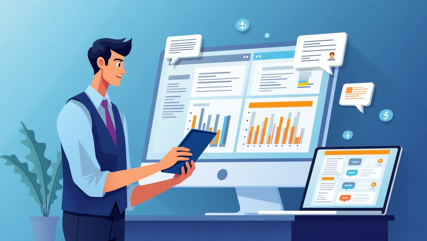 Illustration réaliste ou semi-réaliste en style moderne montrant un créateur de contenu numérique utilisant une tablette ou un ordinateur portable avec des graphiques, tableaux de données et analyses affichés à l'écran, sur un fond évoquant une interface d'application dynamique et technologique. Ajoutez des éléments symbolisant la plateforme Threads, comme des icônes ou des bulles de conversation stylisées, avec une palette de couleurs inspirée de FeedMaker (#54387D, #3E408D, #3C579D, #47C0B4, #58A17B, #80D07E, #A5DA6F, #E1A65F, #EFCA5E, #EBE263). L'ambiance doit transmettre innovation, expertise et anticipation, dans un style clair et professionnel, idéal pour un sujet de nouvelles fonctionnalités digitales et analytique, format carré.