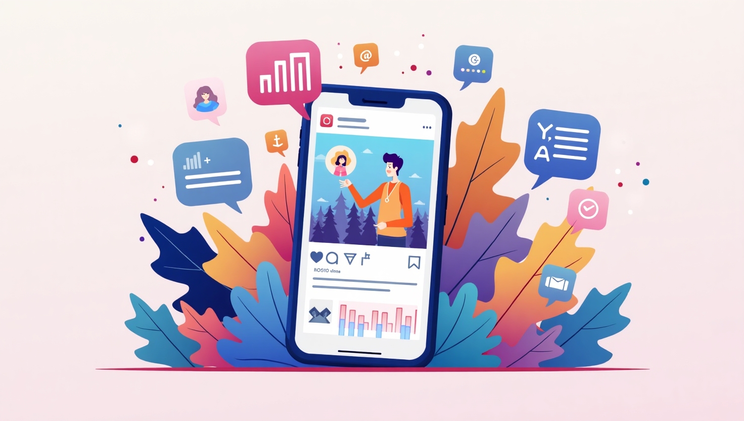 Illustration verticale dynamique en style digital marketing montrant un smartphone avec l'application Instagram ouverte, mettant en valeur une vidéo Reels en plein écran au centre, entourée d'éléments visuels de Stories sponsorisées tels que des icônes d'engagement, des cibles de ciblage avancé, et des graphiques d'analyse, avec des couleurs vibrantes inspirées de la palette FeedMaker (#54387D, #3E408D, #3C579D, #47C0B4, #58A17B, #80D07E, #A5DA6F, #E1A65F, #EFCA5E, #EBE263), ambiance technologique et innovante, style illustration moderne et professionnelle en format portrait.