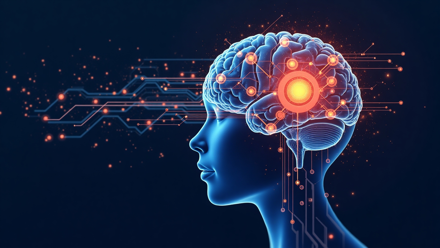 Une illustration carrée en style semi-réaliste et moderne représentant un cerveau humain fusionnant avec un réseau de circuits et d'algorithmes, mêlant éléments humains et technologiques pour symboliser l'équilibre entre authenticité et automatisation dans le marketing. L'image doit transmettre à la fois la puissance de l'IA générative et la nécessité de préserver la voix humaine, avec une ambiance intellectuelle et nuancée. Utiliser une palette de couleurs inspirée de la marque FeedMaker : #54387D, #3E408D, #3C579D, #47C0B4, #58A17B, #80D07E, #A5DA6F, #E1A65F, #EFCA5E, #EBE263.