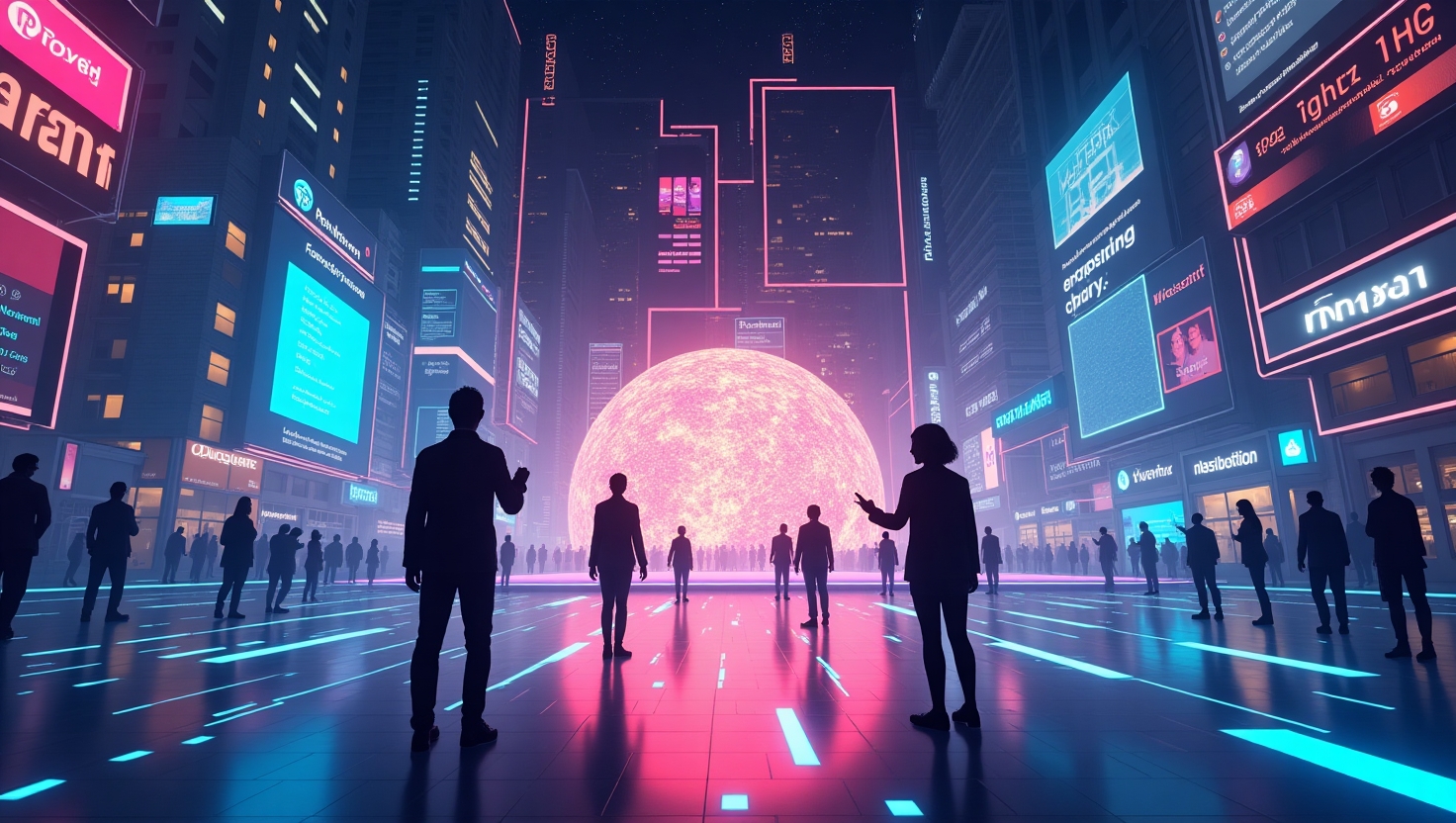 Une illustration futuriste en style digital art représentant une scène immersive où des narrateurs humains et des intelligences artificielles interagissent dans un univers numérique vibrant, intégrant des éléments de réalité virtuelle, augmentée et de synthèse vocale. La composition montre des hologrammes colorés, des flux de données mouvants, et des personnages qui vivent une expérience narrative dynamique, avec une palette de couleurs inspirée de FeedMaker (#54387D, #3E408D, #3C579D, #47C0B4, #58A17B, #80D07E, #A5DA6F, #E1A65F, #EFCA5E, #EBE263). L'ambiance est innovante, à la croisée de la créativité et de la technologie, dans un style illustration moderne et captivant, format paysage.