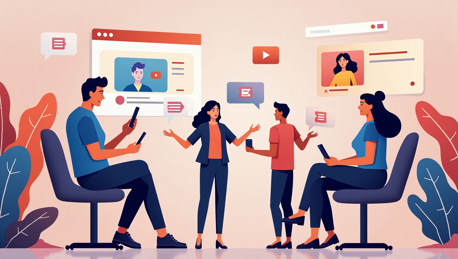 Une illustration moderne en flat design d'une scène dynamique de créateurs de contenu et d'influenceurs utilisant leurs smartphones pour enregistrer et revoir des vidéos courtes, avec une ambiance digitale vibrante et innovante, mettant en valeur des écrans affichant des vidéos populaires avec des icônes de lecture et de replay. L'image doit évoquer l'énergie de la viralité, la connectivité et la croissance sociale, en utilisant une palette de couleurs inspirée de FeedMaker (#54387D, #3E408D, #3C579D, #47C0B4, #58A17B, #80D07E, #A5DA6F, #E1A65F, #EFCA5E, #EBE263), et privilégier un style illustration clair, moderne et professionnel, au format paysage.