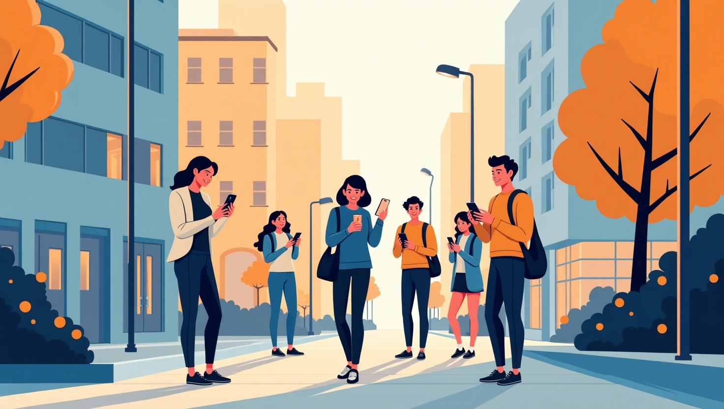 Une illustration moderne et dynamique en style réaliste ou semi-réaliste, représentant une scène urbaine ou digitale où des jeunes de la Génération Z interagissent avec des appareils mobiles, partageant des contenus authentiques et engagés. L'image doit évoquer la transparence, la responsabilité sociale et la durabilité, avec des éléments visuels comme des logos éthiques, des symboles de recyclage ou d'égalité, intégrés dans l'environnement. Utiliser une palette de couleurs inspirée de la marque FeedMaker (#54387D, #3E408D, #3C579D, #47C0B4, #58A17B, #80D07E, #A5DA6F, #E1A65F, #EFCA5E, #EBE263). L’atmosphère doit refléter l’authenticité, la confiance et l’esprit communautaire, avec un style graphique vibrant et engageant, adapté à un public jeune et connecté, format paysage.