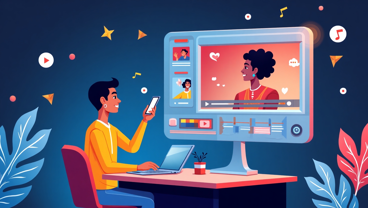 Une illustration moderne et dynamique représentant un créateur de contenu utilisant un smartphone pour créer un Reel, avec des effets visuels synchronisés avec une partition musicale flottante à l'écran, entouré d'éléments graphiques évoquant l'intelligence artificielle et le montage accéléré. Le style doit être digital et futuriste, avec une ambiance énergique et innovante, en mettant en avant des couleurs inspirées de la palette FeedMaker (#54387D, #3E408D, #3C579D, #47C0B4, #58A17B, #80D07E, #A5DA6F, #E1A65F, #EFCA5E, #EBE263). Format carré, dégageant une sensation de rapidité, d'efficacité et de créativité dans la création vidéo.