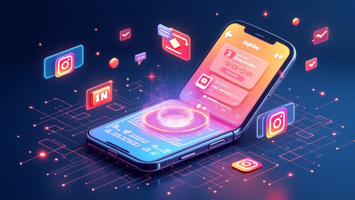 Une illustration moderne et dynamique représentant une interface futuriste d'Instagram affichant des Reels en tendance avec des catégories colorées, entourée d'éléments graphiques symbolisant l'intelligence artificielle, comme des hologrammes ou des circuits, avec des icônes de live et de partenariat, le tout dans un style numérique et professionnel. L'image doit évoquer l'innovation, la technologie avancée et le marketing d'influence, avec une palette de couleurs inspirée de FeedMaker (#54387D, #3E408D, #3C579D, #47C0B4, #58A17B, #80D07E, #A5DA6F, #E1A65F, #EFCA5E, #EBE263), dans un style épuré et futuriste, en format paysage.