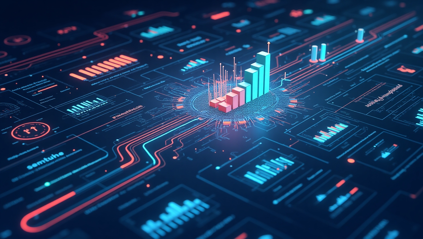 Une illustration moderne et professionnelle en style vectoriel illustrant un tableau de bord numérique interactif affichant des graphiques de performance, des cartes de ciblage et des flux de données en évolution constante, avec des éléments symbolisant l’automatisation et l’intelligence artificielle comme des circuit électroniques, des algorithmes en forme de réseaux et des symboles de croissance, dans une ambiance technologique avancée, aux couleurs inspirées de la palette FeedMaker (#54387D, #3E408D, #3C579D, #47C0B4, #58A17B, #80D07E, #A5DA6F, #E1A65F, #EFCA5E, #EBE263), format paysage.