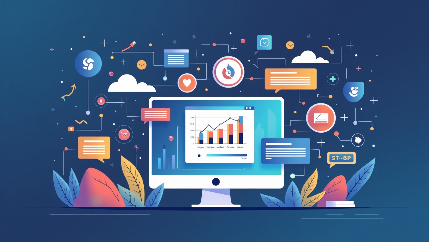 Une illustration moderne et professionnelle représentant une interface numérique flanquée d'éléments graphiques symbolisant l'intégration et l'automatisation des contenus sociaux, avec des icônes de flux de données, de code et de graphiques d'analyse. L'ambiance doit évoquer l'innovation technologique et la stratégie marketing digitale, en utilisant une palette de couleurs inspirée de FeedMaker (#54387D, #3E408D, #3C579D, #47C0B4, #58A17B, #80D07E, #A5DA6F, #E1A65F, #EFCA5E, #EBE263). L'image doit avoir une composition claire, avec une impression de mouvement vers la modernité et la transformation des stratégies sociales, en format carré, adaptée pour illustrer une avancée technologique majeure dans le domaine du marketing digital.
