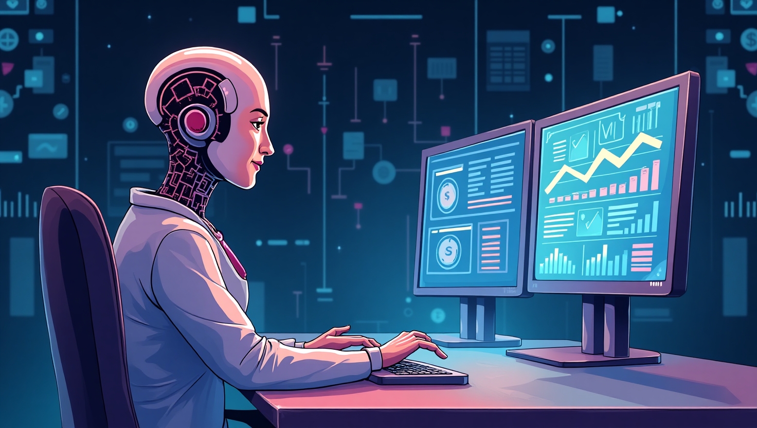 Une illustration professionnelle et synthétique représentant un environnement marketing numérique en 2025, avec des éléments visuels d'IA générative tels que des interfaces complexes d'algorithmes, des flux de données, et des écrans affichant des contenus créés par l'intelligence artificielle. Intégrer une balance symbolique entre automatisation (robot ou machine) d'un côté et une figure humaine créative de l'autre pour évoquer la nécessité de l'intervention humaine dans l'authenticité. Style moderne et épuré, avec une ambiance à la fois critique et constructive, utilisant une palette de couleurs inspirée de FeedMaker : #54387D, #3E408D, #3C579D, #47C0B4, #58A17B, #80D07E, #A5DA6F, #E1A65F, #EFCA5E, #EBE263, pour refléter le sérieux et la réflexion stratégique autour de l'usage de l'IA en marketing.