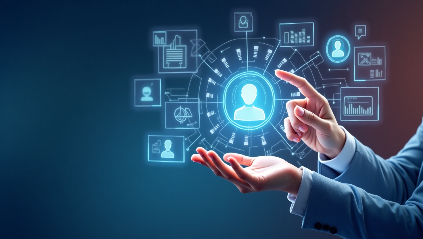 Une scène moderne et sophistiquée illustrant l'évolution de la relation entre une marque et ses consommateurs en 2025, avec un focus sur la technologie IA. Représenter des interactions numériques : une main humaine utilisant un hologramme ou un écran transparent affichant des profils clients, des flux de données, des graphiques d'émotion et des interfaces conversationnelles avec des chatbot intelligents. Intégrer des éléments symbolisant la personnalisation, comme des profils sur mesure, des recommandations adaptatives et des notifications en temps réel. Style illustration futuriste et pédagogique, palette de couleurs inspirée de FeedMaker (#54387D, #3E408D, #3C579D, #47C0B4, #58A17B, #80D07E, #A5DA6F, #E1A65F, #EFCA5E, #EBE263), ambiance professionnel, claire et nuancée, avec une combinaison d'éléments technologiques et humains pour souligner la transformation de la relation marque-client.