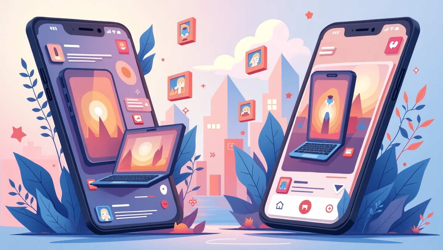 Illustration carrée en style moderne et épuré montrant une immersion visuelle de deux formats populaires d'Instagram, avec des éléments de stories éphémères et de Reels dynamiques fusionnés en une seule interface fluide, intégrée avec des symboles technologiques et des icônes d'algorithmes pour représenter l'innovation et la transformation. L'ambiance doit évoquer une révolution digitale avec un look professionnel et futuriste, utilisant une palette de couleurs inspirée de FeedMaker (#54387D, #3E408D, #3C579D, #47C0B4, #58A17B, #80D07E, #A5DA6F, #E1A65F, #EFCA5E, #EBE263), pour illustrer le changement radical annoncé pour 2025.
