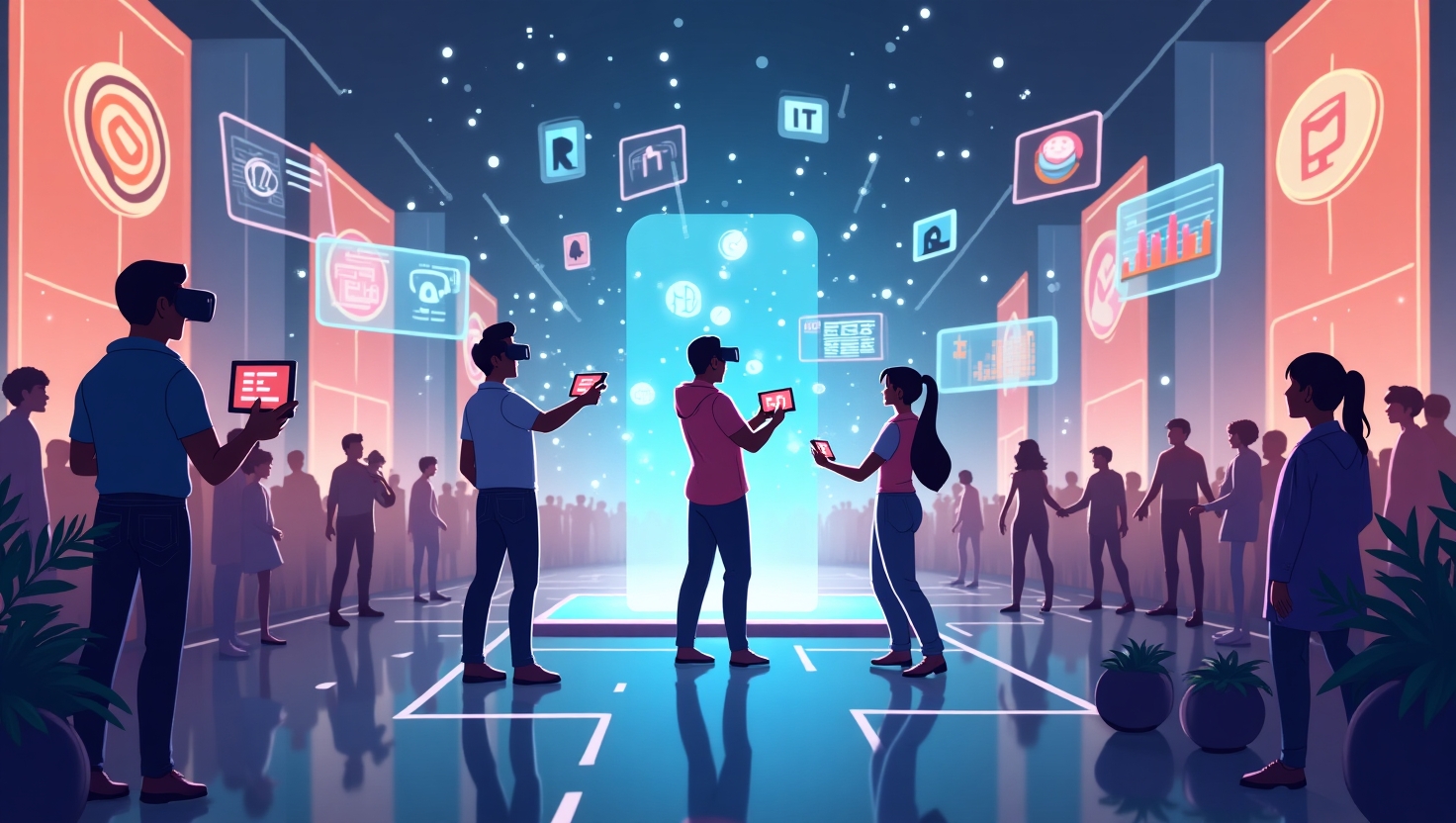 Illustration carrée représentant trois créateurs de contenu modernes en pleine interaction avec leur communauté, dans un environnement futuriste mêlant technologie et authenticité. La scène montre des créateurs utilisant des dispositifs innovants comme des écrans holographiques, des casques de réalité virtuelle ou des interfaces interactives, entourés de membres engagés qui réagissent activement. Le style est dynamique, avec une ambiance motivante et inspirante, intégrant une palette de couleurs inspirée de FeedMaker (#54387D, #3E408D, #3C579D, #47C0B4, #58A17B, #80D07E, #A5DA6F, #E1A65F, #EFCA5E, #EBE263), pour évoquer l’innovation, l’engagement et l’authenticité. L’atmosphère doit refléter à la fois la modernité et la proximité entre créateurs et communauté, avec une touche de gamification et de narration immersive.