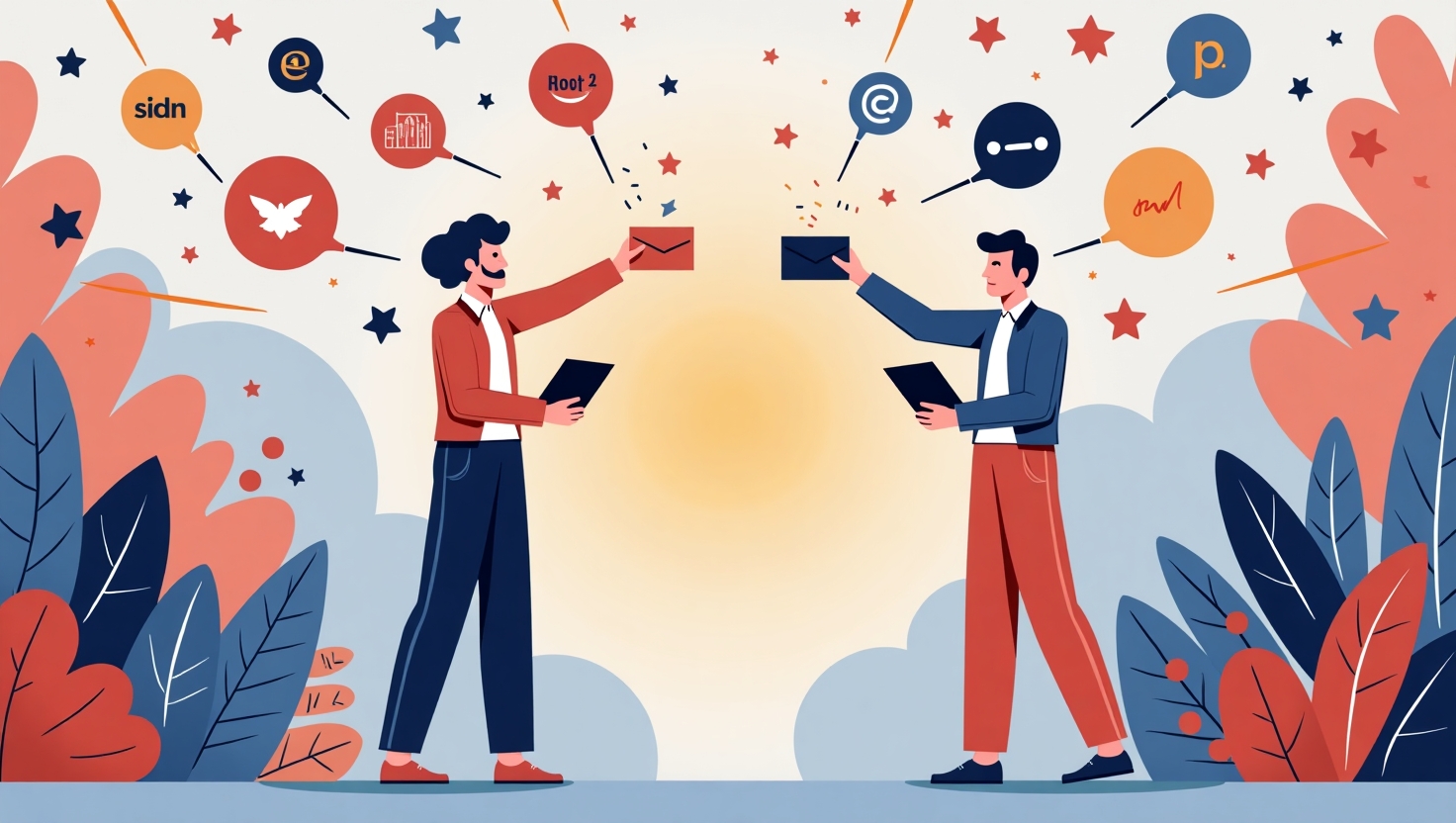 Illustration dynamique en flat design représentant une scène d'échanges inattendus entre deux marques improbables, comme une entreprise technologique et une marque de mode, symbolisées par des icônes ou objets emblématiques, connectées par des lignes créatives évoquant la collaboration. Le fond doit être coloré avec une palette inspirée des couleurs FeedMaker (#54387D, #3E408D, #3C579D, #47C0B4, #58A17B, #80D07E, #A5DA6F, #E1A65F, #EFCA5E, #EBE263), avec une ambiance énergique et innovante, évoquant la viralité et l'originalité des stratégies de 2025. L’image doit incarner la surprise, la créativité et l’interconnexion des secteurs, dans un style moderne et professionnel, format carré pour une utilisation multiplateforme.