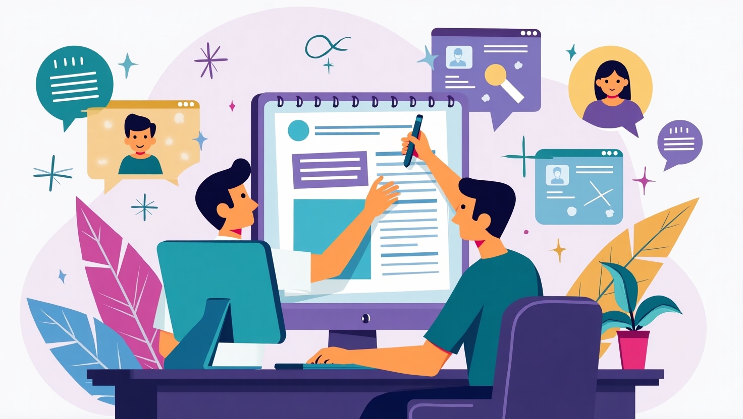 Illustration dynamique en style moderne et coloré représentant une scène avec un community manager devant un ordinateur affichant une bande dessinée digitale en cours de création, entouré d'éléments graphiques de bulles de dialogue, personnages stylisés et écrans affichant des templates variés, dans une ambiance innovante et engageante. Utilisez une palette de couleurs inspirée de FeedMaker, avec des nuances de violet, bleu, vert et jaune (#54387D, #3E408D, #3C579D, #47C0B4, #58A17B, #80D07E, #A5DA6F, #E1A65F, #EFCA5E, #EBE263), en format carré, style illustration moderne, conviviale et professionnelle, évoquant la simplicité et la puissance d’un outil qui transforme la création de contenu visuel en une expérience accessible et inspirante.