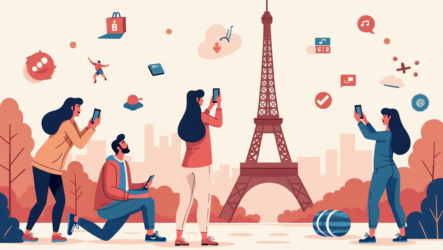 Illustration en flat design dynamique représentant une scène moderne avec des créateurs de contenu utilisant des smartphones et des appareils photo pour capturer des moments liés aux Jeux Olympiques de Paris 2025. Intégration d'éléments visuels comme des stickers virtuels en temps réel, des filtres AR flottants et des icônes de partage social. Fond évoquant Paris avec la Tour Eiffel stylisée et des éléments sportifs. Palette de couleurs inspirée de FeedMaker (#54387D, #3E408D, #3C579D, #47C0B4, #58A17B, #80D07E, #A5DA6F, #E1A65F, #EFCA5E, #EBE263), ambiance innovante, influencée par le thème de la viralité et du marketing digital dans une composition contemporaine et attrayante, orientée pour un public de créateurs et professionnels des médias.