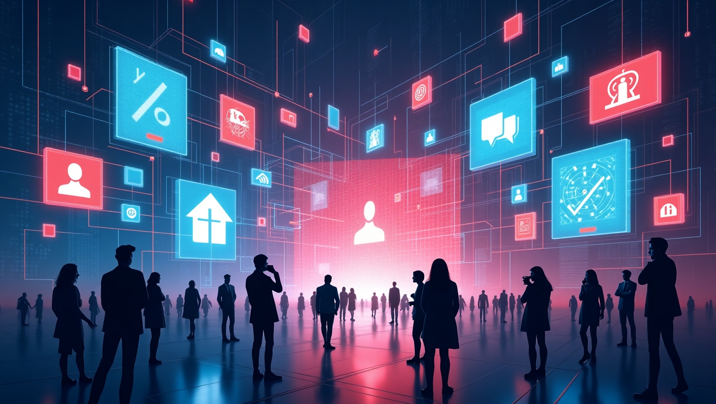 Illustration immersive et intrigante en style numérique moderne, représentant une scène évoquant les mystères des réseaux sociaux en 2025. Visualisez une mosaïque d’écrans flottants affichant des contenus viraux mystérieux, certains en décomposition ou avec des effets oniriques, entourés de silhouettes de créateurs et d’utilisateurs qui discutent et réagissent. Incluez des éléments symboliques comme des engrenages d’algorithmes abstraits, des zones d’ombre évoquant la censure, et des flux d’informations fluides et colorés dans une palette inspirée des couleurs FeedMaker (#54387D, #3E408D, #3C579D, #47C0B4, #58A17B, #80D07E, #A5DA6F, #E1A65F, #EFCA5E, #EBE263). Optez pour un style numérique, fluide, un peu décalé, qui stimule la curiosité, en format carré pour évoquer un univers mystérieux et connecté.