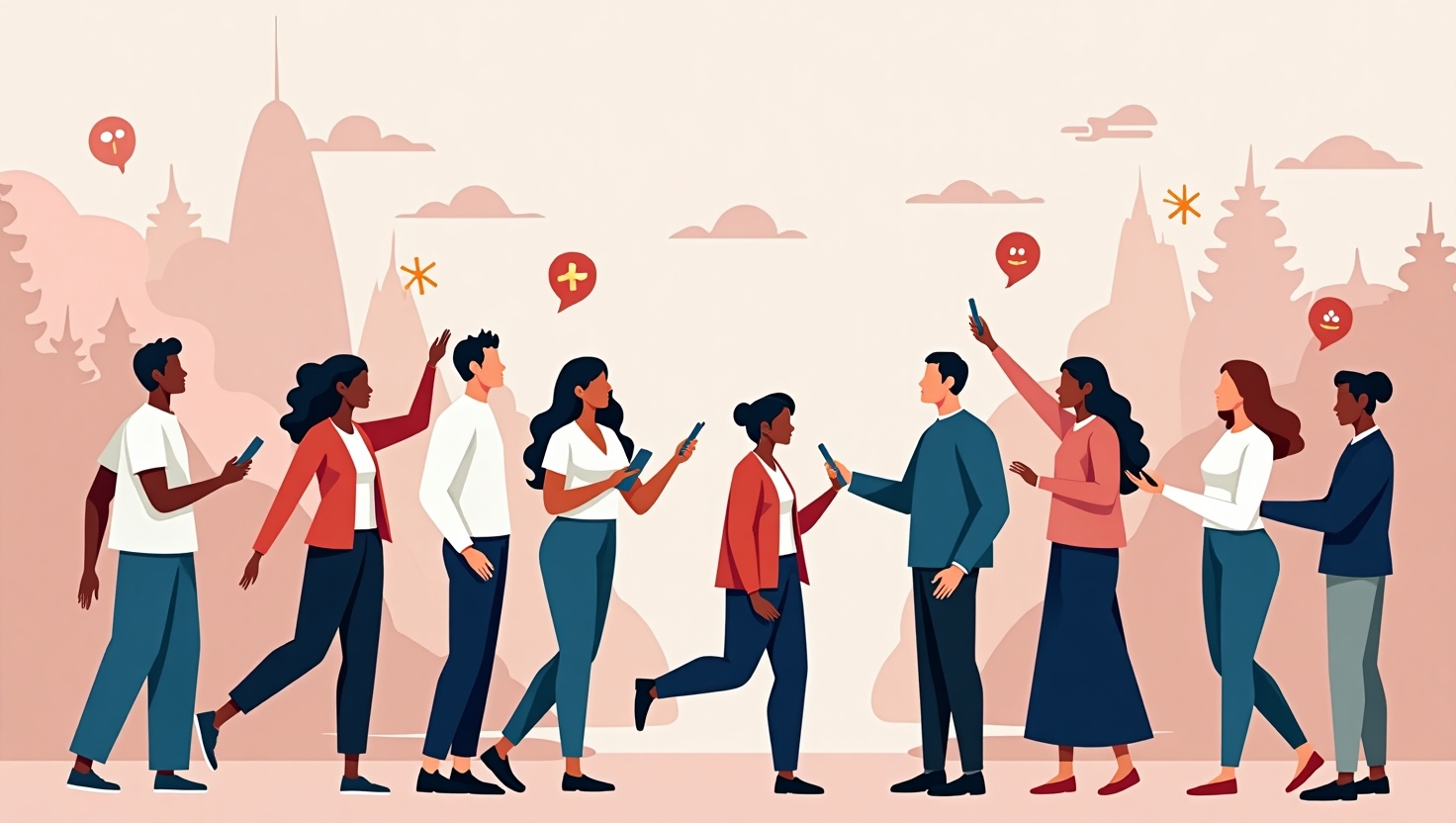 Illustration moderne et dynamique représentant une interface d'Instagram avec une Story collaborative ouverte, intégrant des silhouettes de personnes diverses échangeant, créant et interagissant en temps réel, dans un style semi-flat design avec des éléments graphiques évoquant la viralité et l'engagement communautaire, ambiance innovante et collaborative, couleurs inspirées de la palette FeedMaker (#54387D, #3E408D, #3C579D, #47C0B4, #58A17B, #80D07E, #A5DA6F, #E1A65F, #EFCA5E, #EBE263), format paysage pour une composition professionnelle et captivante.