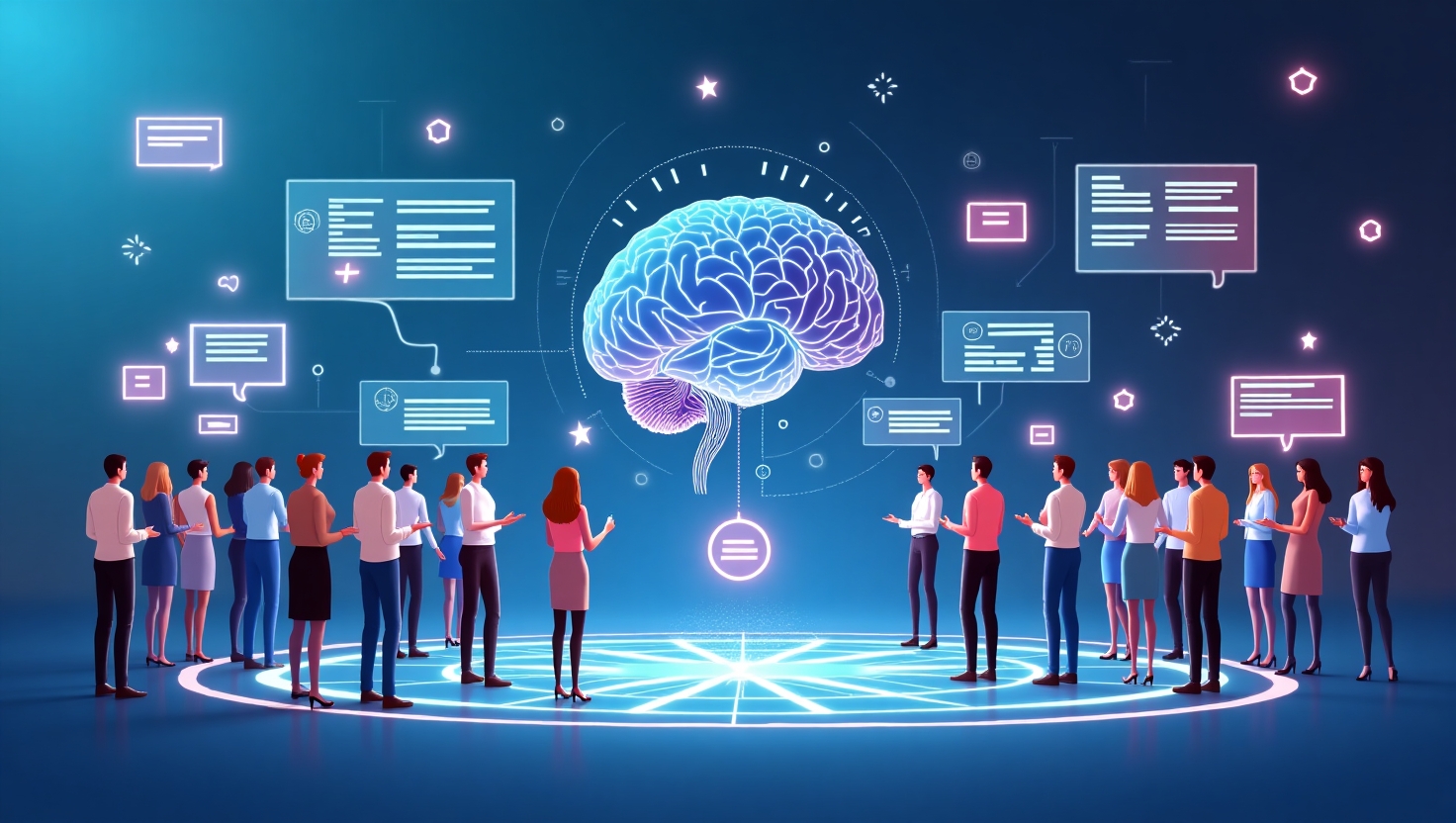 Illustration moderne et professionnelle montrant une interface futuriste d'une intelligence artificielle intégrée à une plateforme de réseau social professionnel, avec des éléments visuels représentant des groupes en ligne, des conversations dynamiques et des recommandations personnalisées. La scène est stylisée en flat design avec une ambiance innovante et technologique, mettant en avant la modulation et l'animation des discussions au sein de groupes professionnels. Utiliser une palette de couleurs inspirée de FeedMaker (#54387D, #3E408D, #3C579D, #47C0B4, #58A17B, #80D07E, #A5DA6F, #E1A65F, #EFCA5E, #EBE263) pour transmettre une atmosphère à la fois sérieuse et dynamique, en format paysage.