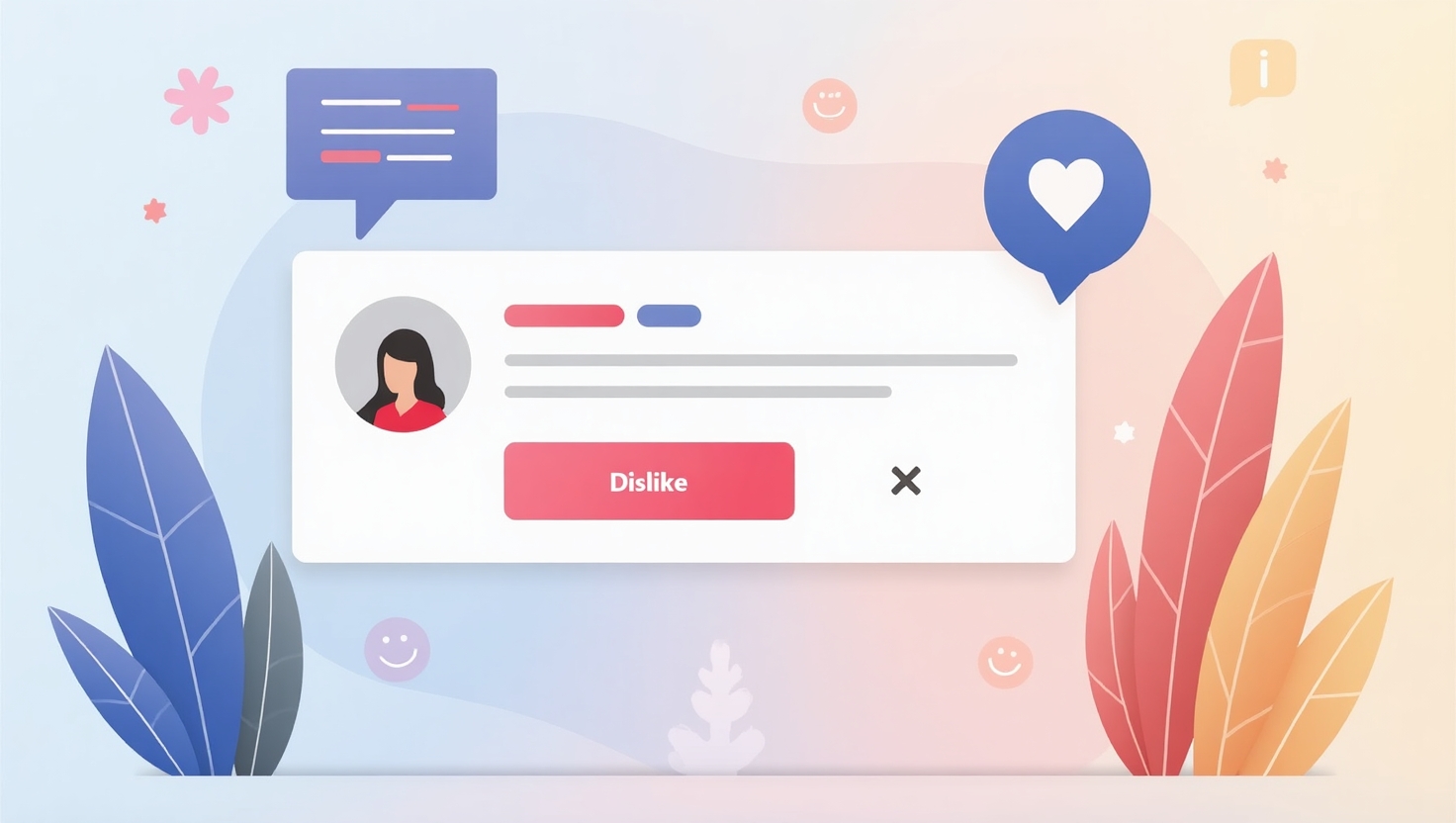 Illustration réaliste en format paysage représentant une interface de commentaire sur une plateforme de réseau social, avec un focus sur un bouton 'Dislike' barré en rouge et remplacé par un symbole positif, entourée d’un chat illustrant la modération et la communauté en ligne. L’ambiance doit évoquer une transition vers un environnement plus sain et positif, avec des éléments comme des icônes de cœur, de smiley et de balance représentant la modération. Utiliser une palette de couleurs inspirée de FeedMaker (#54387D, #3E408D, #3C579D, #47C0B4, #58A17B, #80D07E, #A5DA6F, #E1A65F, #EFCA5E, #EBE263). Style illustration numérique moderne, clair, avec une ambiance professionnelle et optimiste, en format paysage.