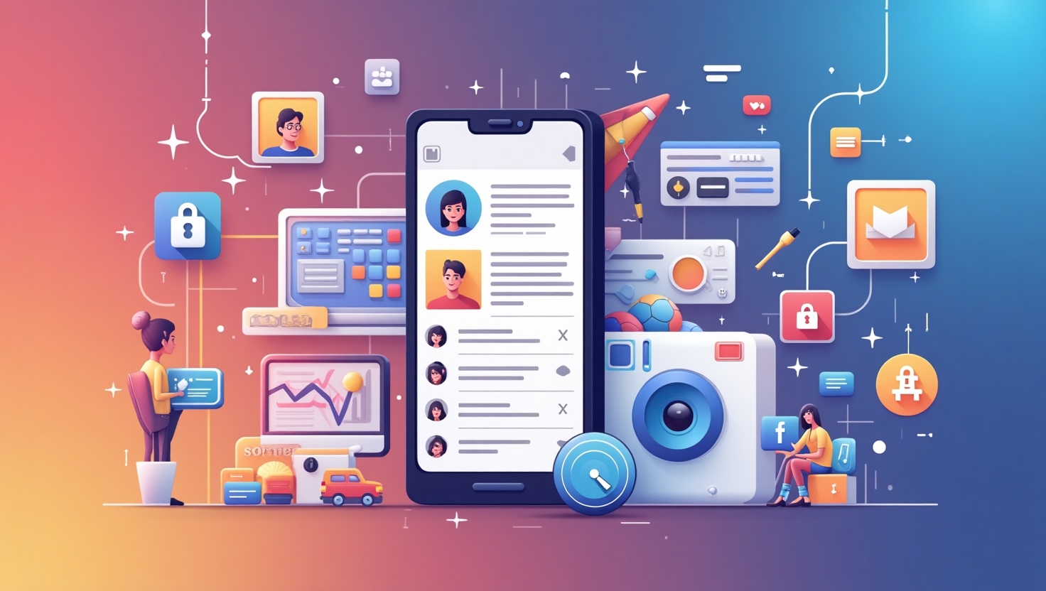 Une illustration moderne et dynamique représentant une interface améliorée d'Instagram en 2025, fusionnant des éléments de Stories et Reels avec des grilles de profil personnalisables, entourée d'icônes de l'intelligence artificielle META AI et d'outils de gestion de contenu. Le style doit être digital, épuré, avec une ambiance professionnelle et innovante, mettant en avant la créativité, la maîtrise technologique et l'évolution sur les réseaux sociaux. Utiliser une palette de couleurs inspirée de FeedMaker : #54387D, #3E408D, #3C579D, #47C0B4, #58A17B, #80D07E, #A5DA6F, #E1A65F, #EFCA5E, #EBE263. L'image doit être au format paysage, équilibrant l’aspect technologique et créatif pour illustrer la révolution d’Instagram en 2025.