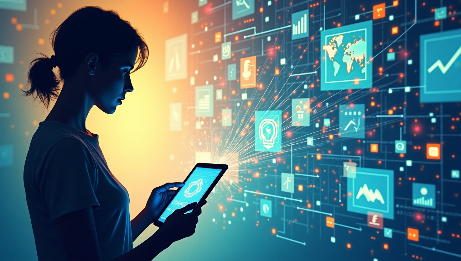 Illustration carrée en style digital futuriste et professionnel montrant un contraste entre une silhouette humaine utilisant une tablette ou un smartphone, entourée d’éléments technologiques comme des graphiques, des flux de données et des icônes d’automatisation, face à un arrière-plan combinant des éléments organiques et naturels pour évoquer l’équilibre entre humanité et technologie. L’ambiance doit refléter la complexité et les paradoxes du marketing digital en 2025, avec une palette de couleurs inspirée de FeedMaker (#54387D, #3E408D, #3C579D, #47C0B4, #58A17B, #80D07E, #A5DA6F, #E1A65F, #EFCA5E, #EBE263), pour illustrer à la fois l’innovation et la nécessité de préserver l’authenticité.