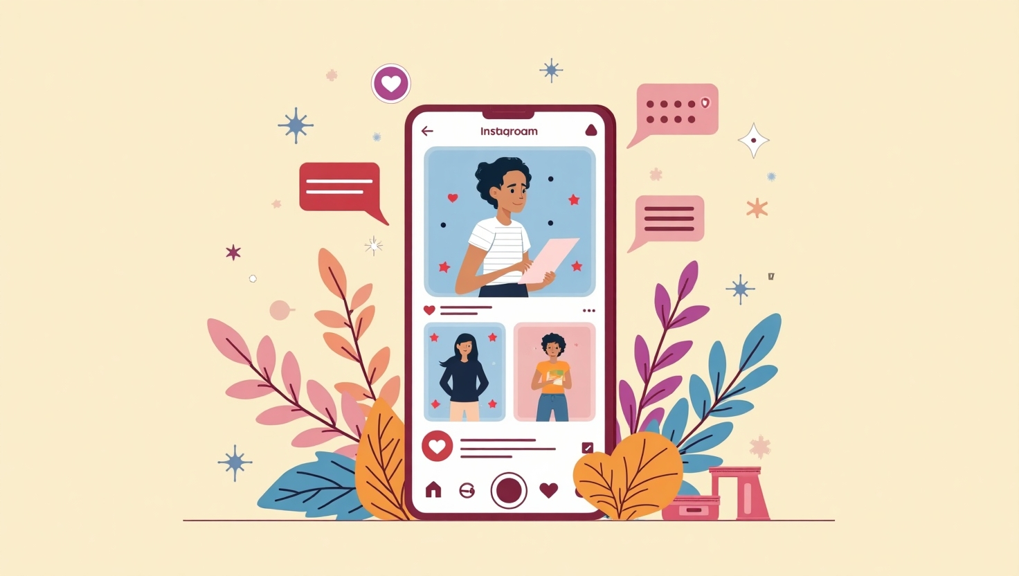5 étapes pour intégrer le commerce conversationnel dans vos Stories Instagram Illustration carrée en style flat design montrant un smartphone avec des Stories Instagram dynamiques et interactives, intégrant des stickers d'achat, des sondages et des questions, entouré d'éléments visuels représentant la communication en temps réel et la croissance des ventes, avec une ambiance pédagogique et motivante, mettant en avant la connexion entre marque et consommateur. Utiliser une palette de couleurs inspirée de FeedMaker (#54387D, #3E408D, #3C579D, #47C0B4, #58A17B, #80D07E, #A5DA6F, #E1A65F, #EFCA5E, #EBE263).