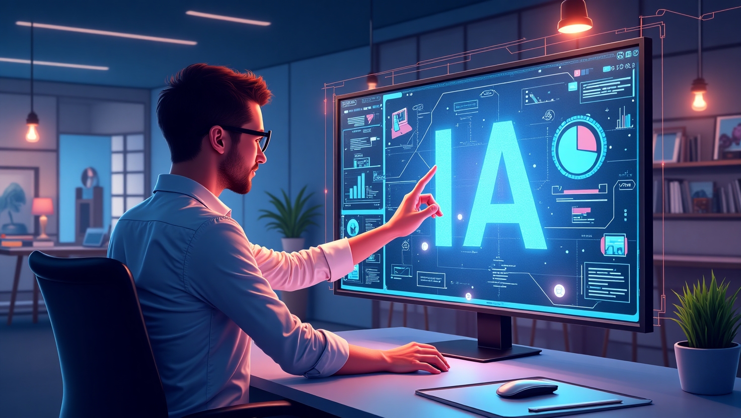 Comment maîtriser l’hyper-personnalisation marketing avec l’IA en 2025 Illustration carrée en style futuriste et pédagogique représentant un professionnel du marketing interagissant avec une interface holographique d'IA, affichant des profils personnalisés et des données comportementales dans un environnement technologique avancé, couleurs vives inspirées de la palette FeedMaker (#54387D, #3E408D, #3C579D, #47C0B4, #58A17B, #80D07E, #A5DA6F, #E1A65F, #EFCA5E, #EBE263), évoquant innovation, personnalisation et expertise digitale, ambiance dynamique et inspirante.