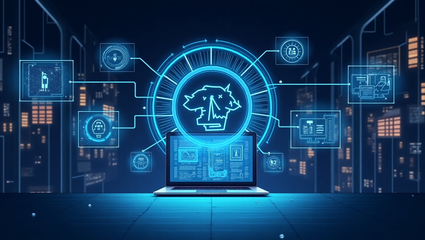 Illustration carrée en style futuriste et épuré représentant un centre de contrôle de marketing digital avec des hologrammes interactifs affichant des graphiques, des icônes de confidentialité et des symboles d'éthique liés à l'IA, intégrant des éléments de technologie avancée et d'interaction humaine, ambiance professionnelle et innovante, palette de couleurs inspirée de FeedMaker (#54387D, #3E408D, #3C579D, #47C0B4, #58A17B, #80D07E, #A5DA6F, #E1A65F, #EFCA5E, #EBE263).