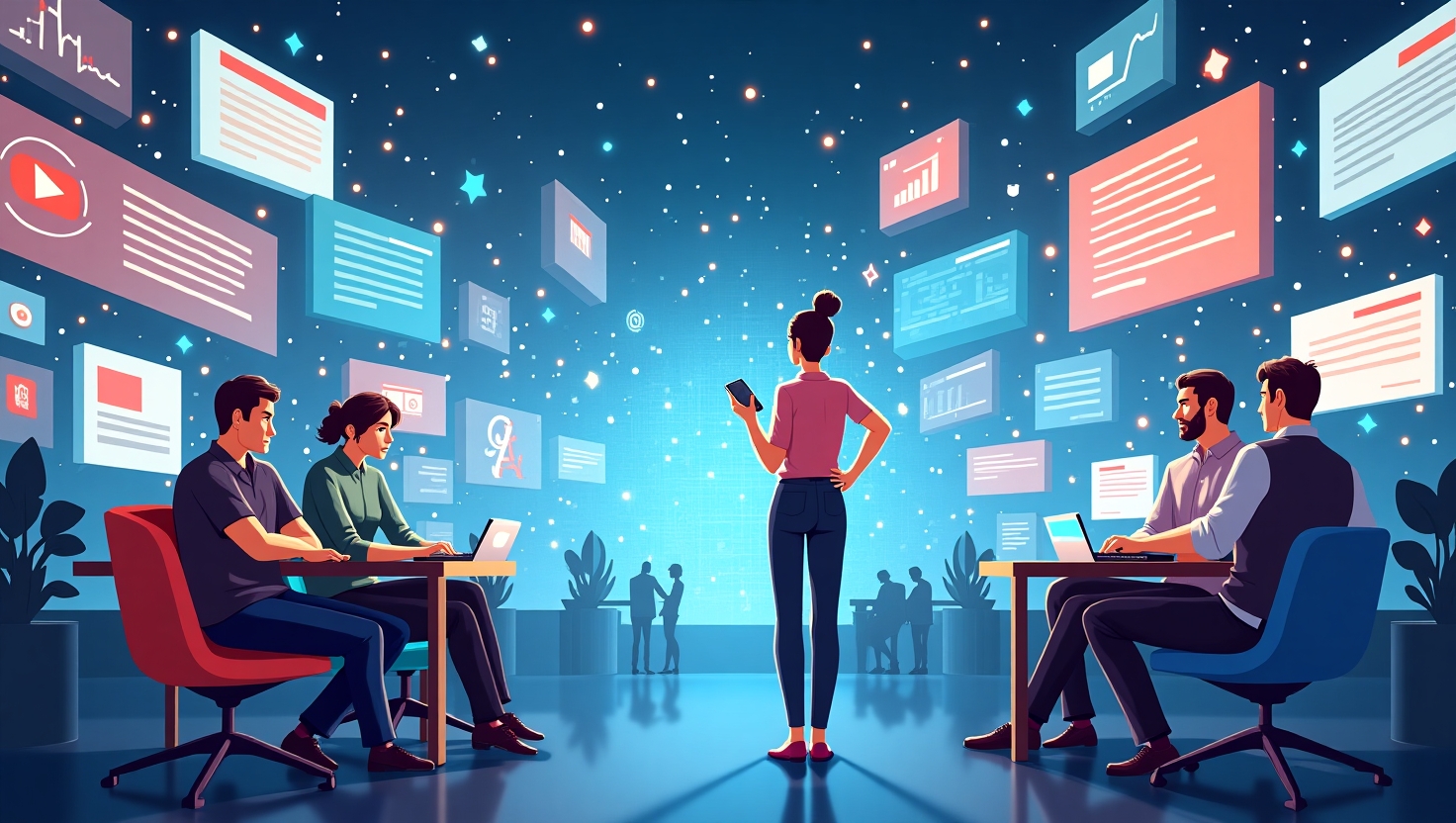 Illustration carrée en style réaliste ou semi-réaliste représentant une scène futuriste de réseaux sociaux en 2025, où des écrans ou hologrammes affichent des contenus variés : textes, images et vidéos générés par IA, avec des éléments visuels évoquant la désinformation, la paranoïa et la saturation. Incorporer des figures humaines perplexes ou préoccupées, entourées de flux d'informations artificielles et de symboles d'alerte ou de faux contenus. Utiliser une palette de couleurs inspirée de FeedMaker (#54387D, #3E408D, #3C579D, #47C0B4, #58A17B, #80D07E, #A5DA6F, #E1A65F, #EFCA5E, #EBE263). L'ambiance doit refléter à la fois la complexité et l'enjeu éthique de cette évolution, avec une touche de tension ou de réflexion futuriste.