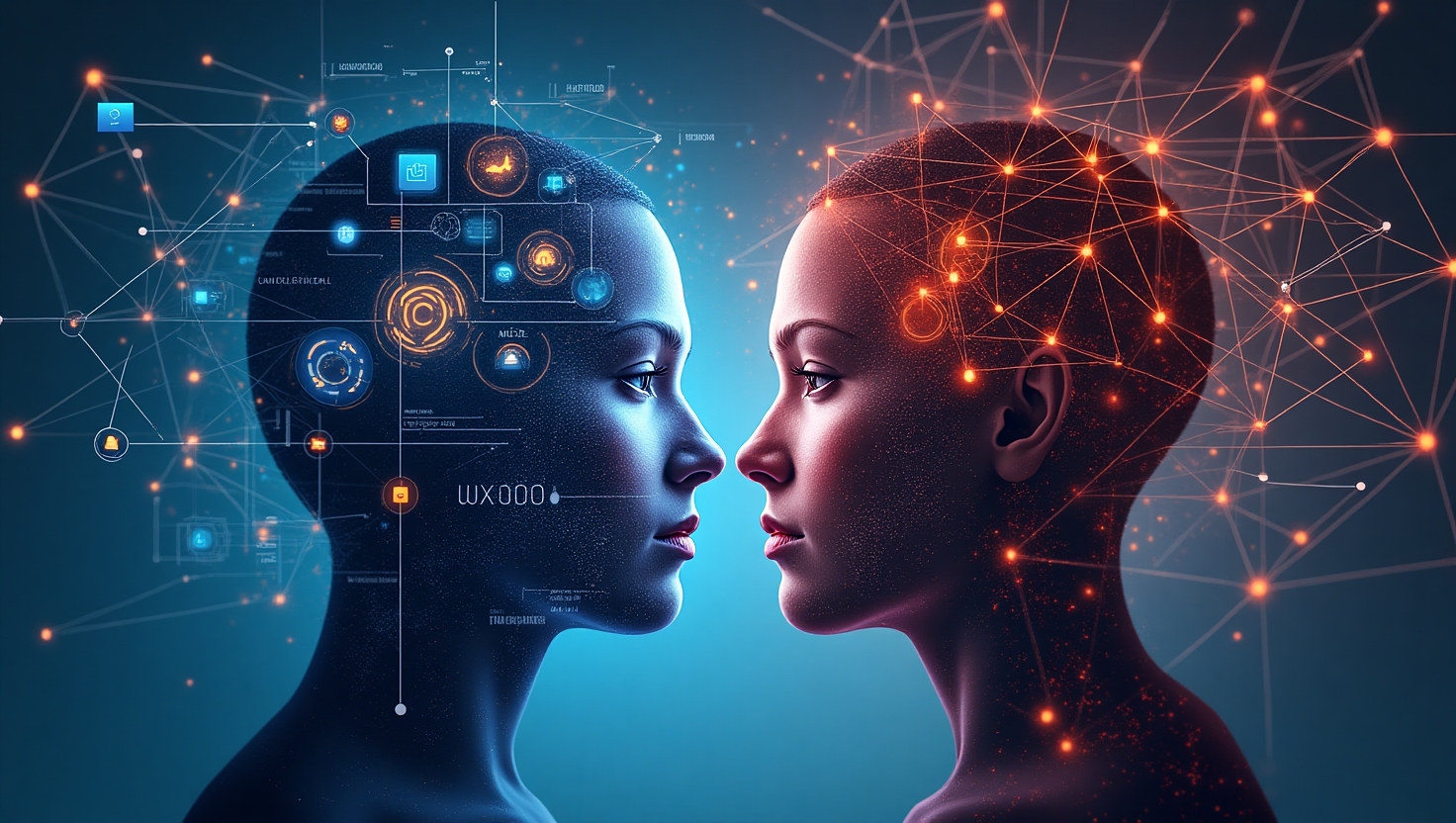 Ces paradoxes du marketing digital qui rendent fou en 2025 Illustration carrée en style réaliste ou semi-réaliste représentant un double visage ou un ying-yang formé d'éléments technologiques et humains, comme un côté avec un cerveau digital, code binaire, et interfaces AI, l'autre avec un visage authentique, symbole de transparence et d'émotion humaine, dans un environnement moderne alliant écrans, réseaux sociaux, et éléments symbolisant la technologie et l'humanisme, ambiance analytique mais accessible, couleurs inspirées de la palette FeedMaker (#54387D, #3E408D, #3C579D, #47C0B4, #58A17B, #80D07E, #A5DA6F, #E1A65F, #EFCA5E, #EBE263).