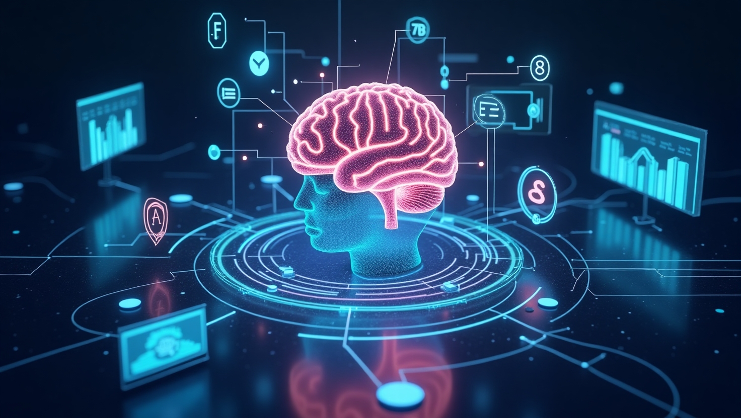 Illustration carrée en style semi-réaliste ou digital art représentant une scène futuriste de marketing digital en 2025, avec des éléments symbolisant l'IA générative : un cerveau numérique brillant connecté à plusieurs écrans holographiques affichant des contenus variés, de la création de textes à des visuels dynamiques, entourés d'icônes de personnalisation, de ciblage prédictif, et de chatbots conversationnels. Intégrer des graphiques ou des symboles de données pour évoquer la transformation technologique, avec une ambiance à la fois innovante et critique, utilisant une palette de couleurs inspirée de FeedMaker (#54387D, #3E408D, #3C579D, #47C0B4, #58A17B, #80D07E, #A5DA6F, #E1A65F, #EFCA5E, #EBE263), dans un style moderne et épuré, format paysage pour une lecture immersive du futur du marketing.