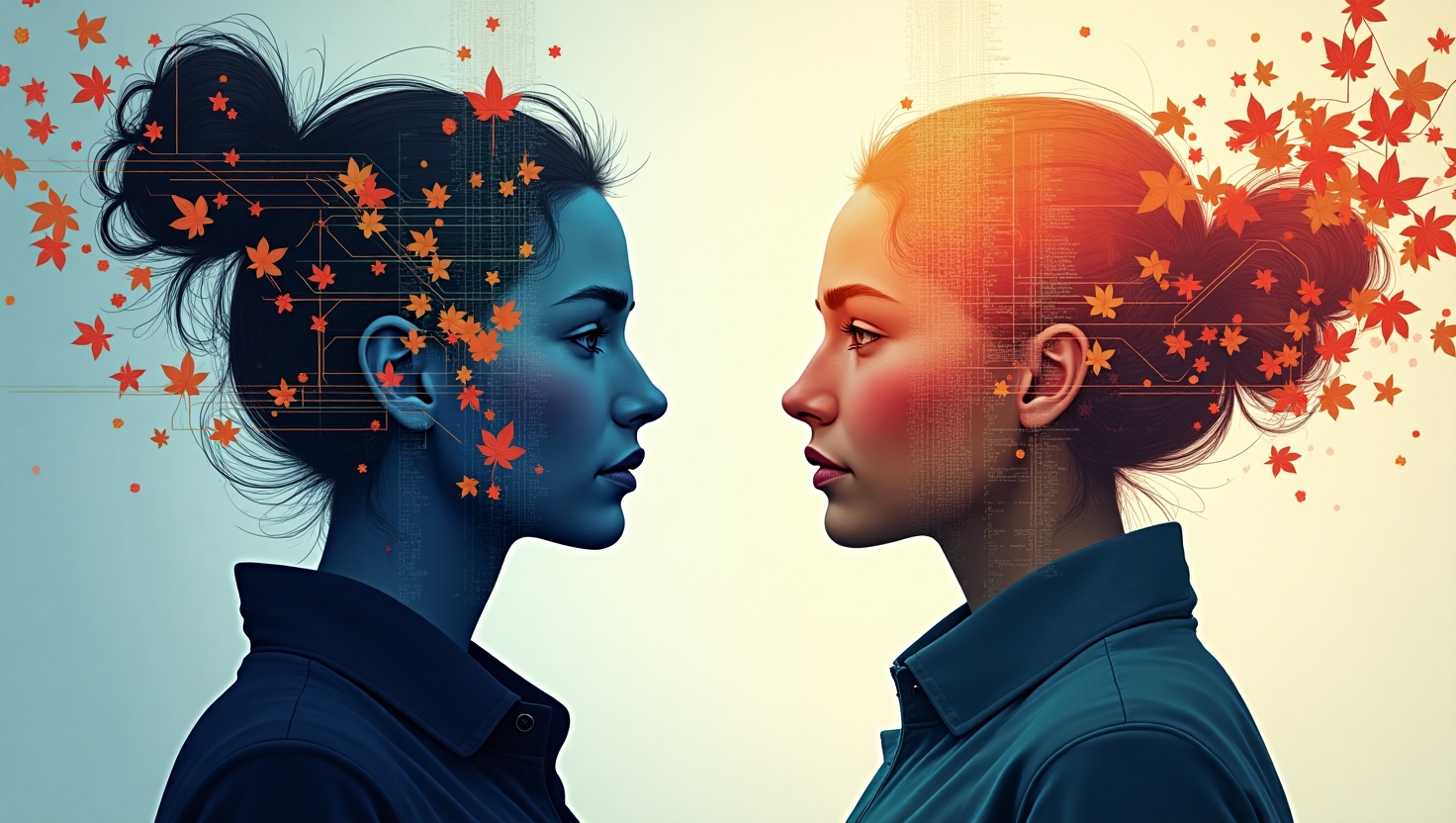 Les paradoxes fascinants du marketing digital en 2025 : quand la technologie défie l’humain Illustration conceptuelle en style réaliste et nuancé, représentant un équilibre délicat entre la technologie et l'humain dans le marketing digital en 2025. On voit un portrait semi-abstrait d'une figure humaine mélangée à des éléments technologiques tels que des circuits, des données, ou des interfaces d'intelligence artificielle, face à une autre figure incarnant la transparence et l'authenticité, avec des éléments naturels ou éthiques comme des feuilles ou une lumière douce. En arrière-plan, un paysage numérique en réseau contrasté avec des symboles de durabilité et de responsabilité, dans une palette de couleurs inspirée de FeedMaker (#54387D, #3E408D, #3C579D, #47C0B4, #58A17B, #80D07E, #A5DA6F, #E1A65F, #EFCA5E, #EBE263). L’image doit respirer une atmosphère analytique, équilibrant modernité et dimension humaine, adaptée à une réflexion nuancée sur le marketing digital de 2025, en format paysage pour un rendu épuré et immersif.