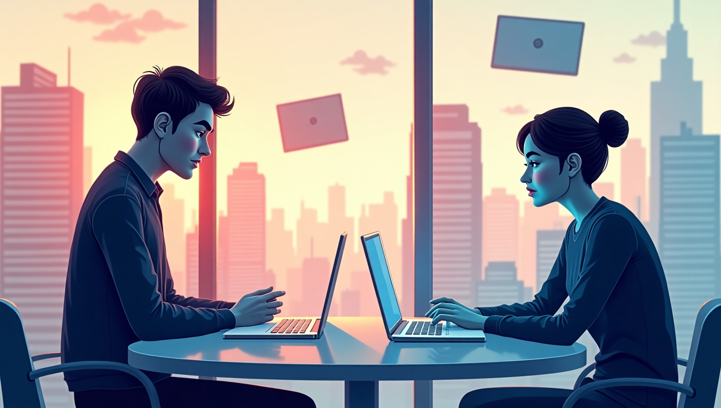 Illustration conceptuelle représentant une scène numérique en 2025, où des individus interagissent sur des écrans flottants dans un environnement semi-abstrait, évoquant le malaise, l'isolement et la surcharge sociale. L’image doit transmettre une ambiance analytique et empathique, avec des touches de mystère subtile pour évoquer les incidents sociaux ignorés, tels que des expressions faciales de confusion ou de fatigue, des éléments visuels évoquant la déconnexion et la tension sociale, tout en restant esthétique et moderne. Utiliser un style digital épuré, avec une palette inspirée de FeedMaker (#54387D, #3E408D, #3C579D, #47C0B4, #58A17B, #80D07E, #A5DA6F, #E1A65F, #EFCA5E, #EBE263), pour souligner la complexité et la nuance des interactions sociales invisibles du monde numérique.