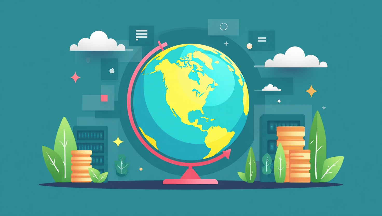 L’impact environnemental caché du marketing digital : ce que 2025 révèle Illustration digitale et écoresponsable en flat design représentant un globe terrestre stylisé intégré à une interface numérique, autour d'éléments symbolisant les réseaux sociaux, les serveurs, et les flux de données, avec une touche de nature comme des feuilles ou des symboles écologiques pour évoquer la durabilité. L'ambiance doit être professionnelle mais engagée, avec une palette de couleurs inspirée de FeedMaker (#54387D, #3E408D, #3C579D, #47C0B4, #58A17B, #80D07E, #A5DA6F, #E1A65F, #EFCA5E, #EBE263), mettant en avant la nécessité de réduire l'empreinte environnementale du marketing digital et d'inciter à la responsabilité écologique.